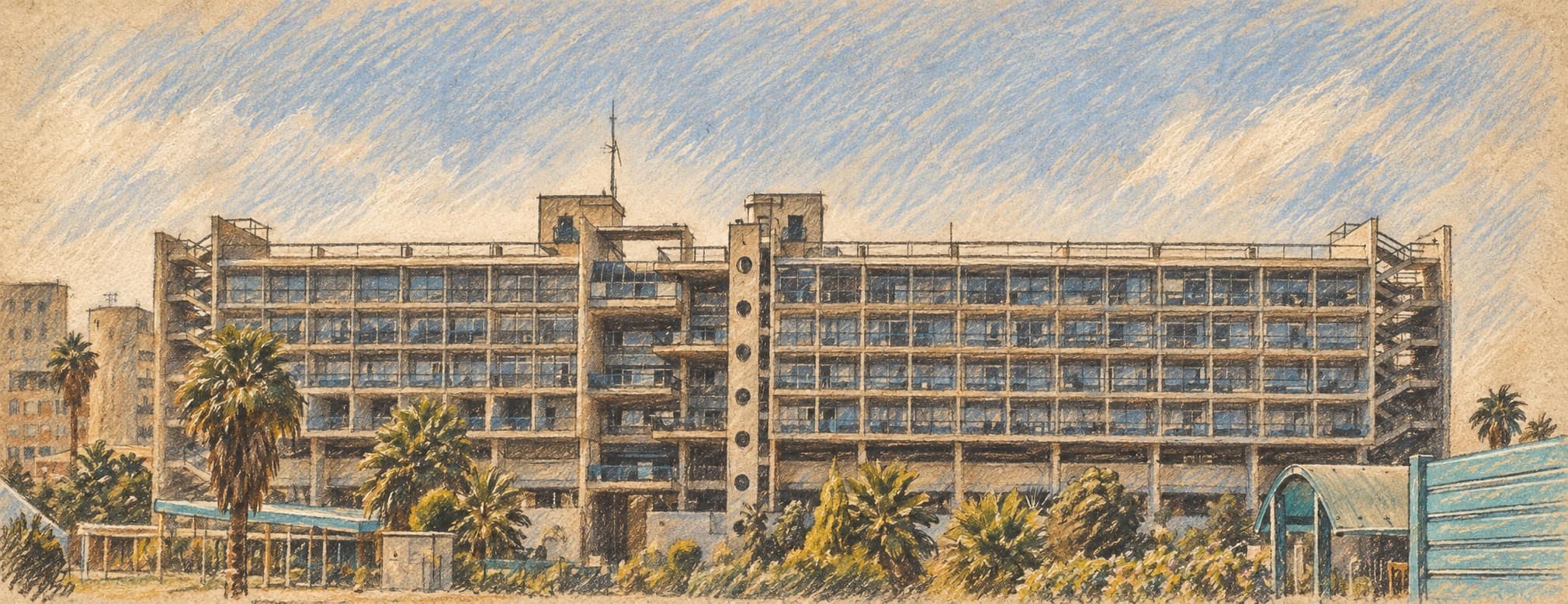 Courtroom-sketch editorial illustration of an archival north-facing view of Soroka Medical Center in Beersheba, with its main building, central tower, palms and shrubs; contextual hospital exterior, not the accident or the injured child.