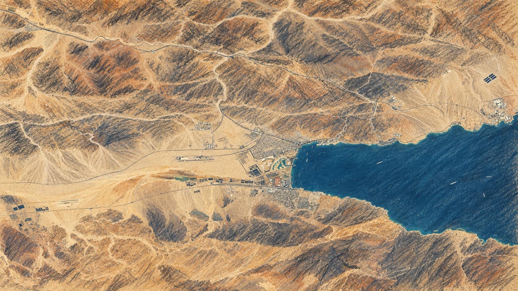 Courtroom-sketch editorial illustration of Eilat and the northern Gulf of Aqaba amid desert mountains, based on an archival 2015 aerial photograph; contextual city view for the mayor's tribute to Rabbi Moshe Mordechai Hedaya.