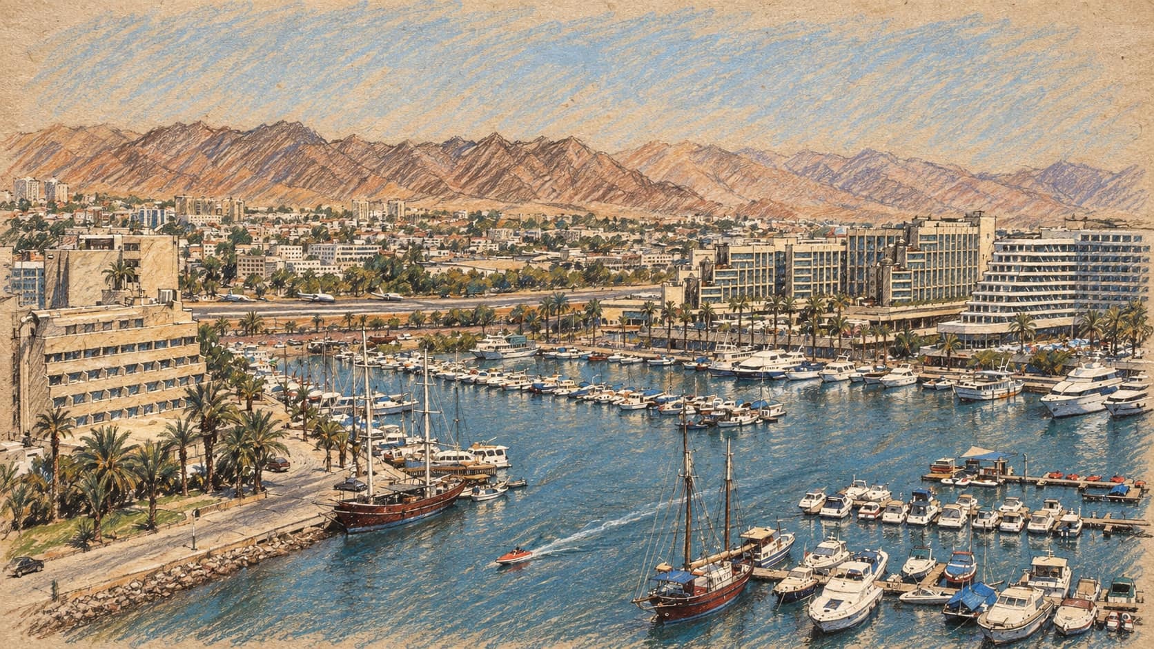 Courtroom-sketch editorial illustration of an archival Eilat marina cityscape with waterfront hotels, boats and desert hills