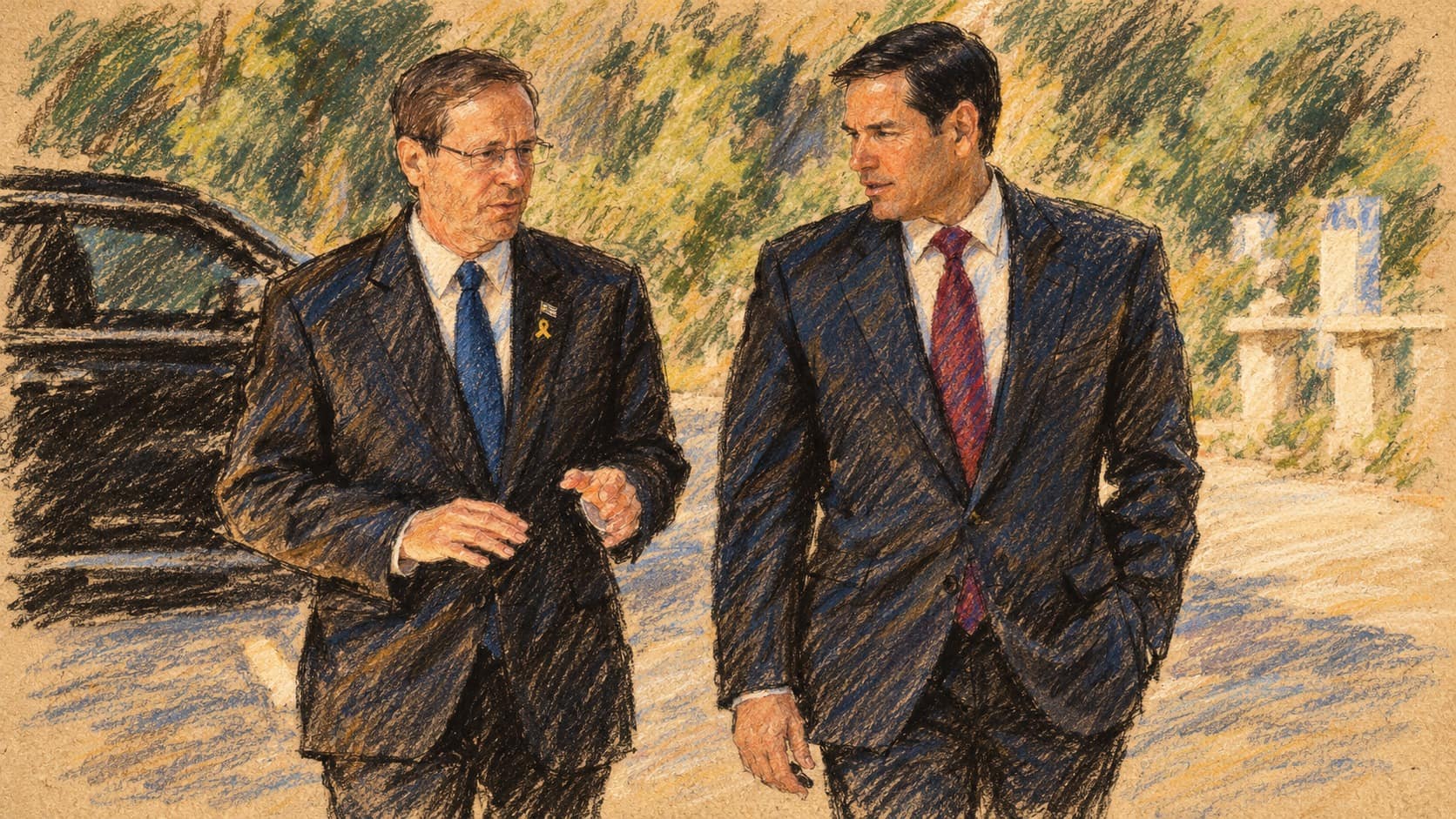 Courtroom-sketch editorial illustration of President Isaac Herzog walking beside Secretary Marco Rubio outdoors, based on an archival September 2025 photograph; contextual portrait, not the appreciation letter or captain.
