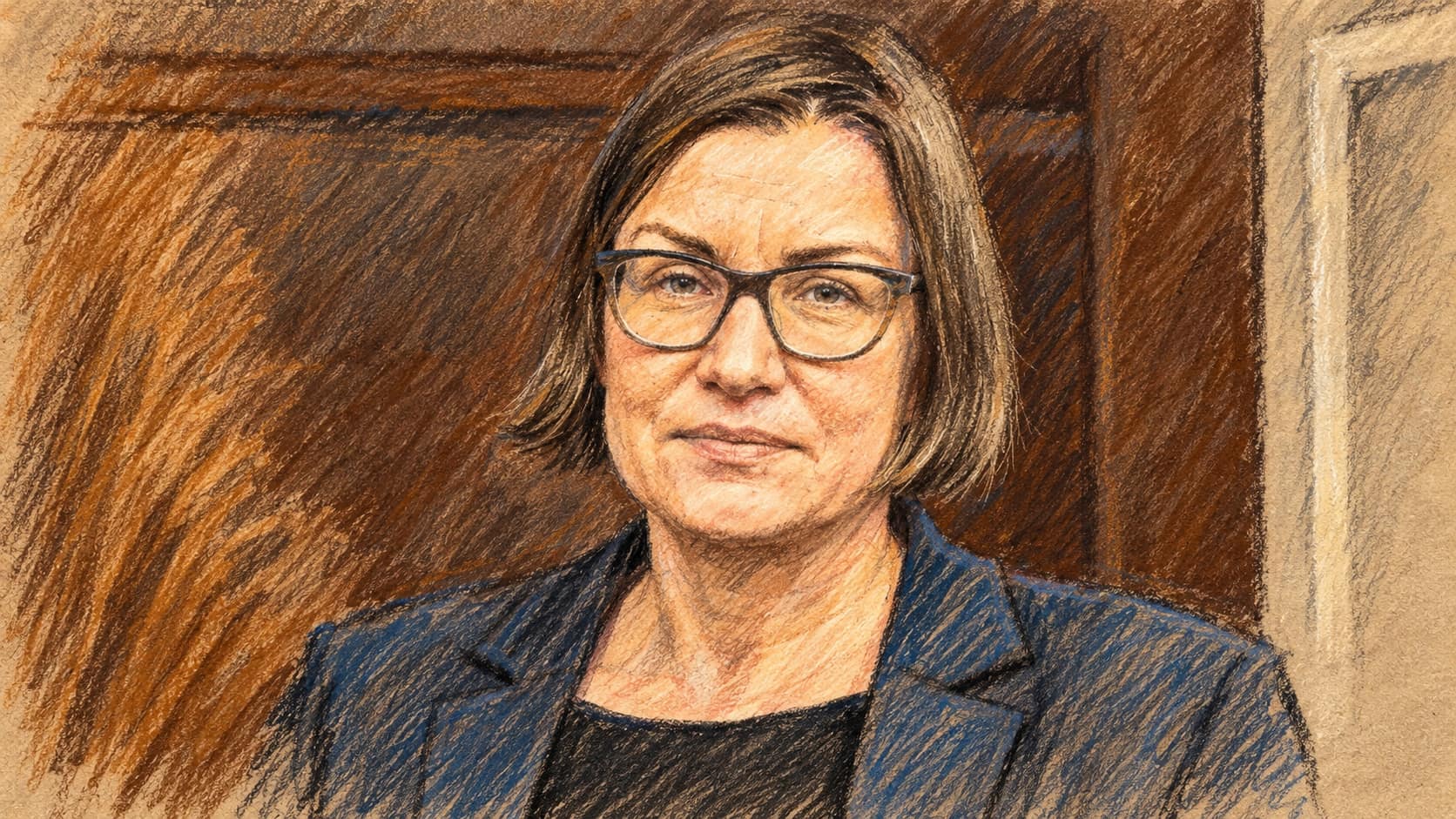 Courtroom-sketch editorial illustration of Mirjana Spoljaric in an archival portrait from February 2024, wearing glasses and a dark blazer against a wooden interior