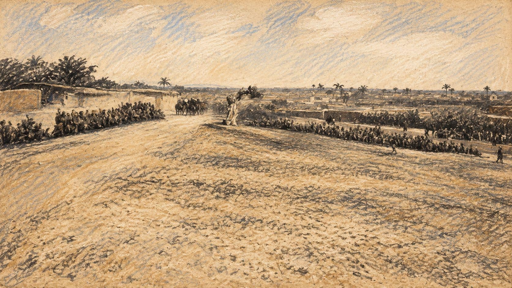 Courtroom-sketch editorial illustration of an archival First World War panorama of Khan Yunis, used as historical place context rather than a depiction of the current strikes
