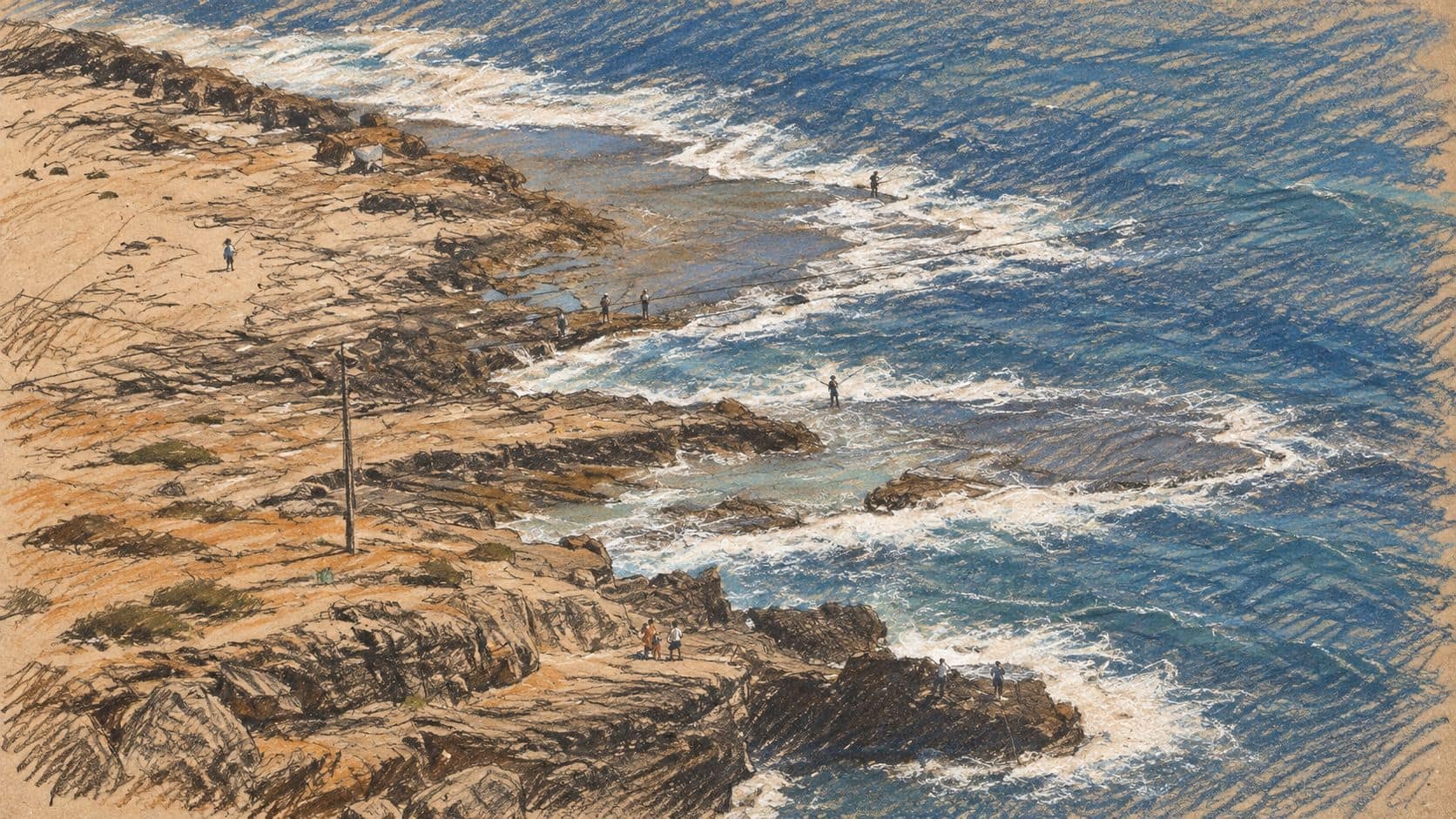 Courtroom-sketch editorial illustration of the rocky Mediterranean coast at Ras an-Naqoura in southern Lebanon, based on an archival landscape photograph