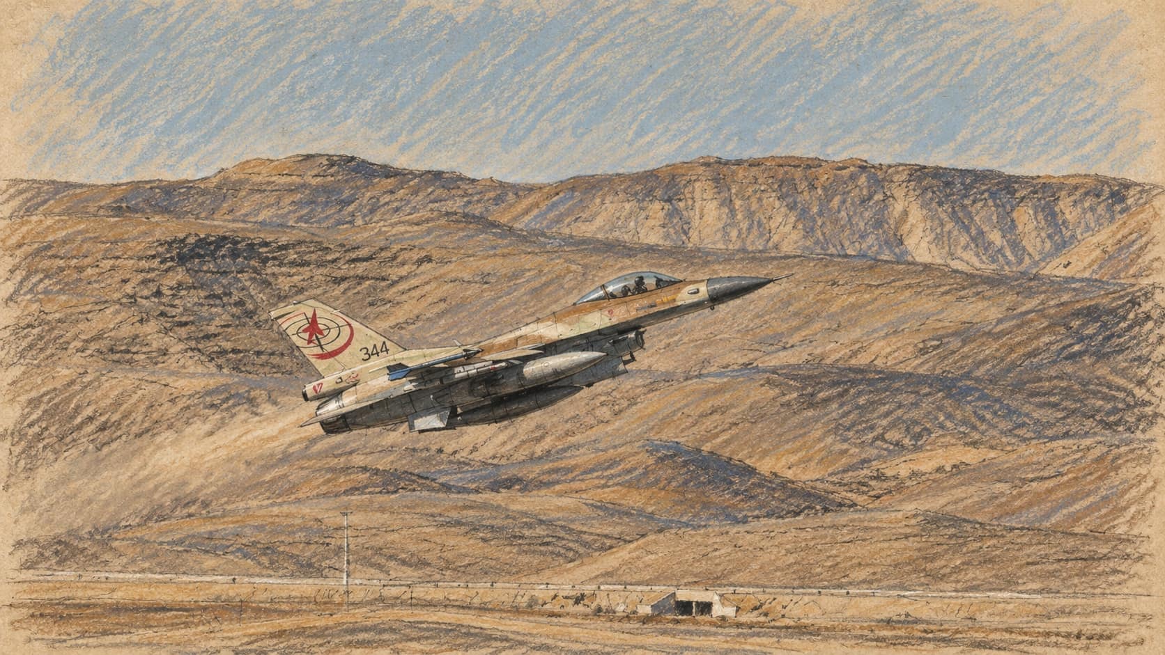 Courtroom-sketch editorial illustration of an Israeli F-16 climbing above desert ridges during an archival 2013 training flight at Ovda