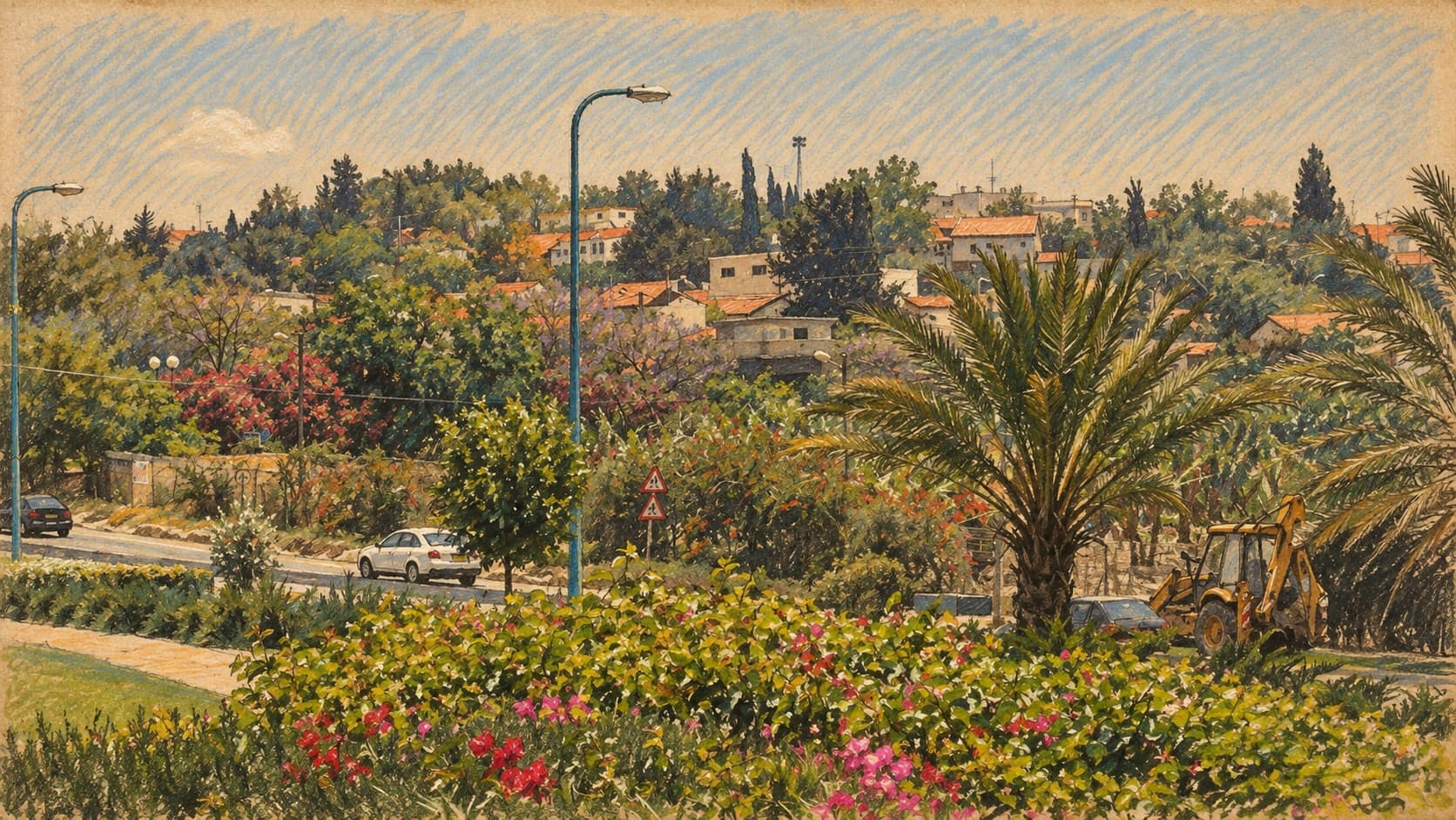 Courtroom-sketch editorial illustration of an archival May 2005 view of Shlomi, used as Western Galilee regional context rather than a depiction of Arab al-Aramshe or the current alert