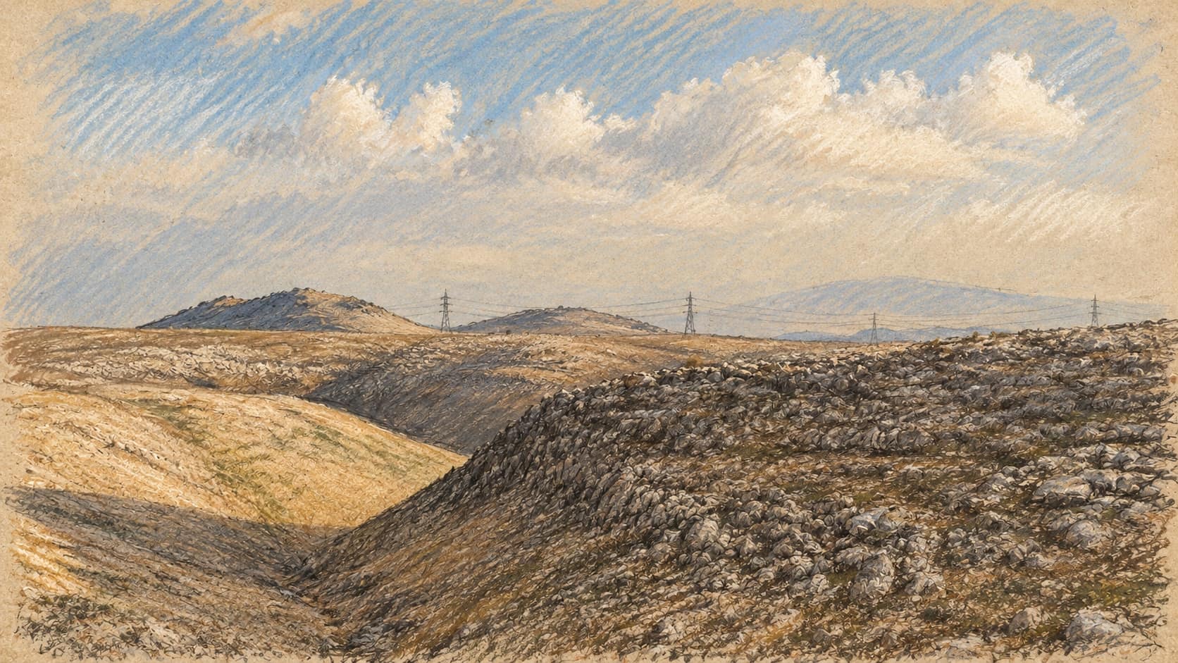 Courtroom-sketch editorial illustration of an archival 2020 Upper Galilee landscape, with rocky rolling hills and a shallow valley beneath clouds, used as regional context for the Arab al-Aramshe alert.