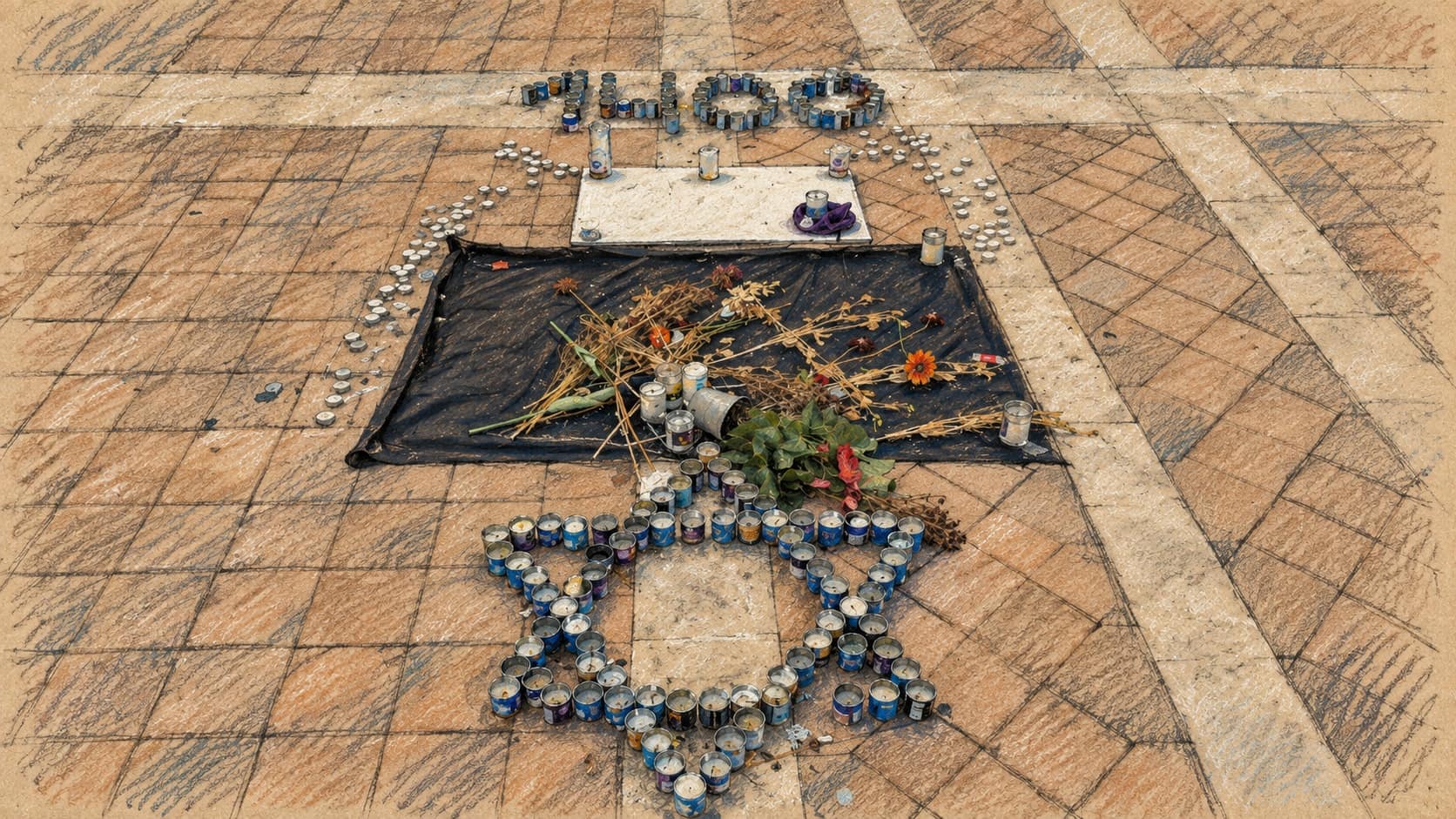 Courtroom-sketch editorial illustration of archival remembrance candles and flowers on an empty plaza in Ashdod, shown as context for a bereaved hostage-family story