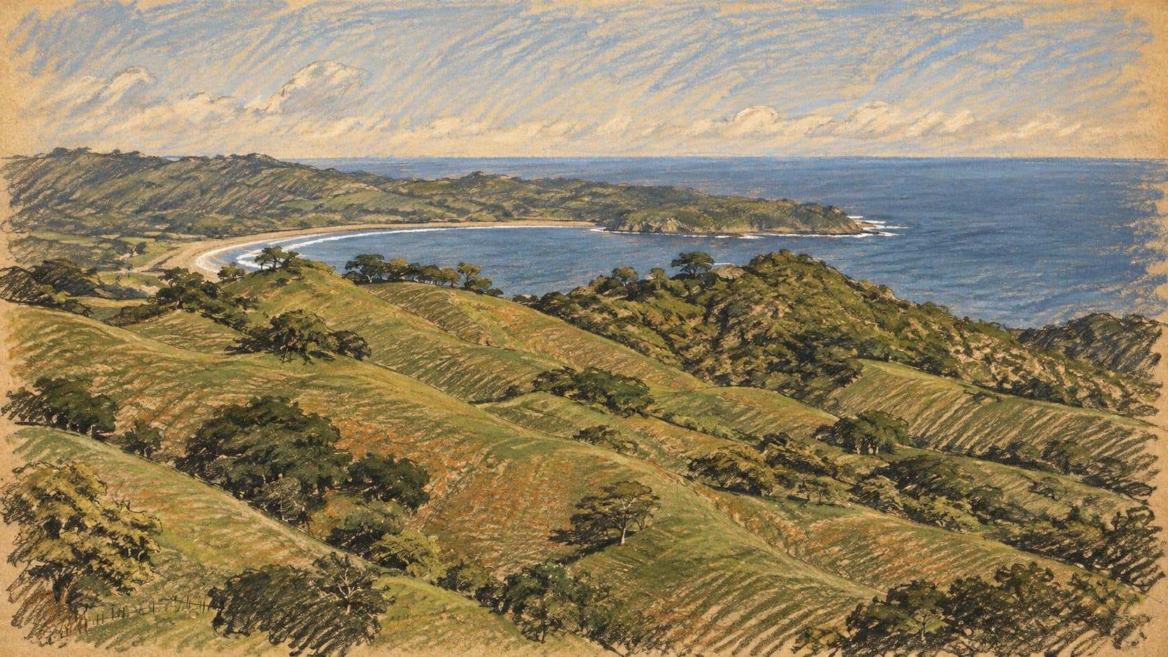Courtroom-sketch editorial illustration of an archival hillside view of Playa Venao bay in Panama, with green hills, a crescent beach and the Pacific Ocean