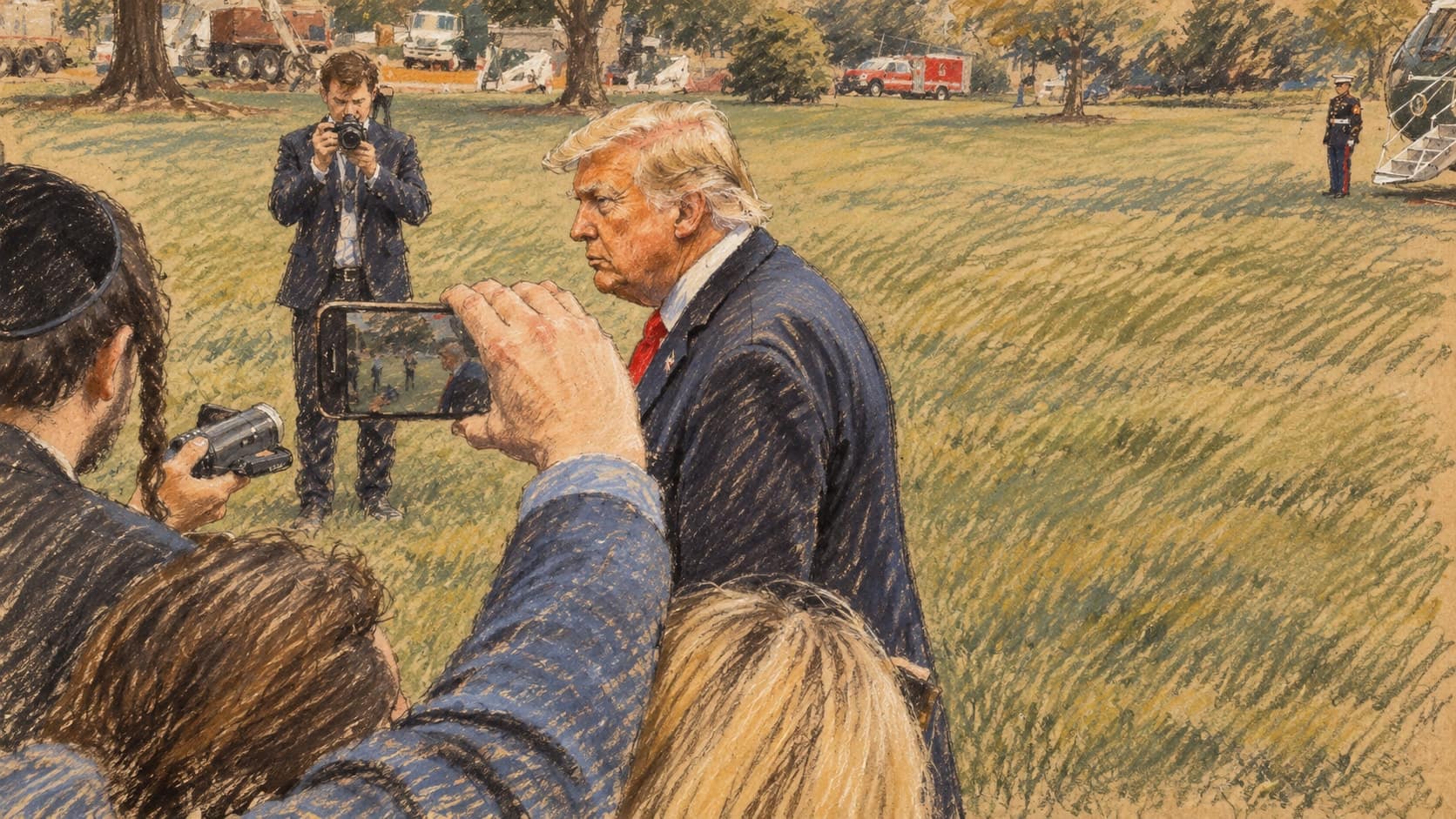 Courtroom-sketch editorial illustration of Donald Trump speaking to reporters on the White House South Lawn, based on an archival September 2025 official White House image, rendered in warm ochre and slate-blue pastel strokes.