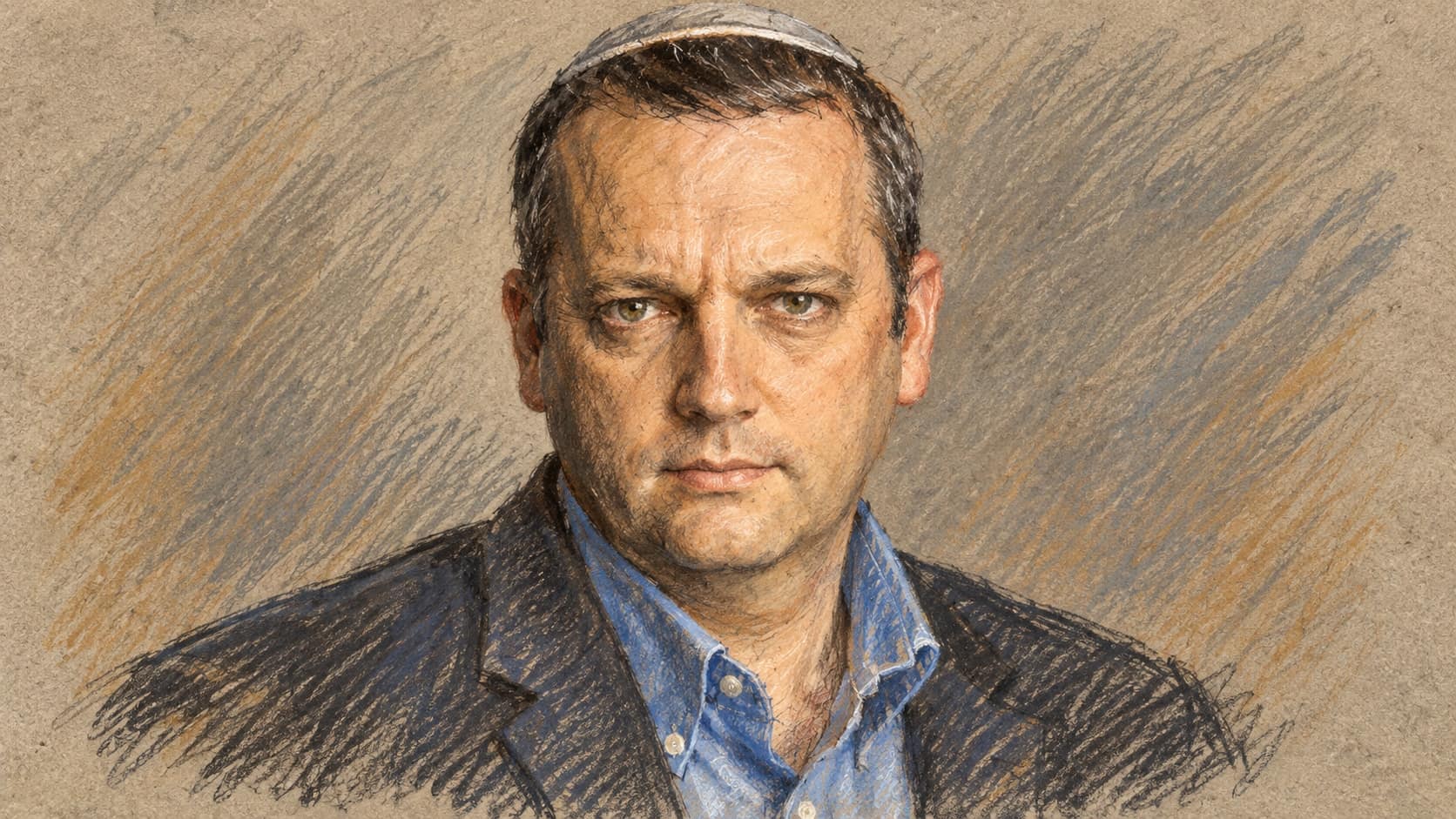Courtroom-sketch editorial illustration of Gilad Kariv in a blue shirt, dark blazer and gray kippah, based on an archival 2015 portrait for context.