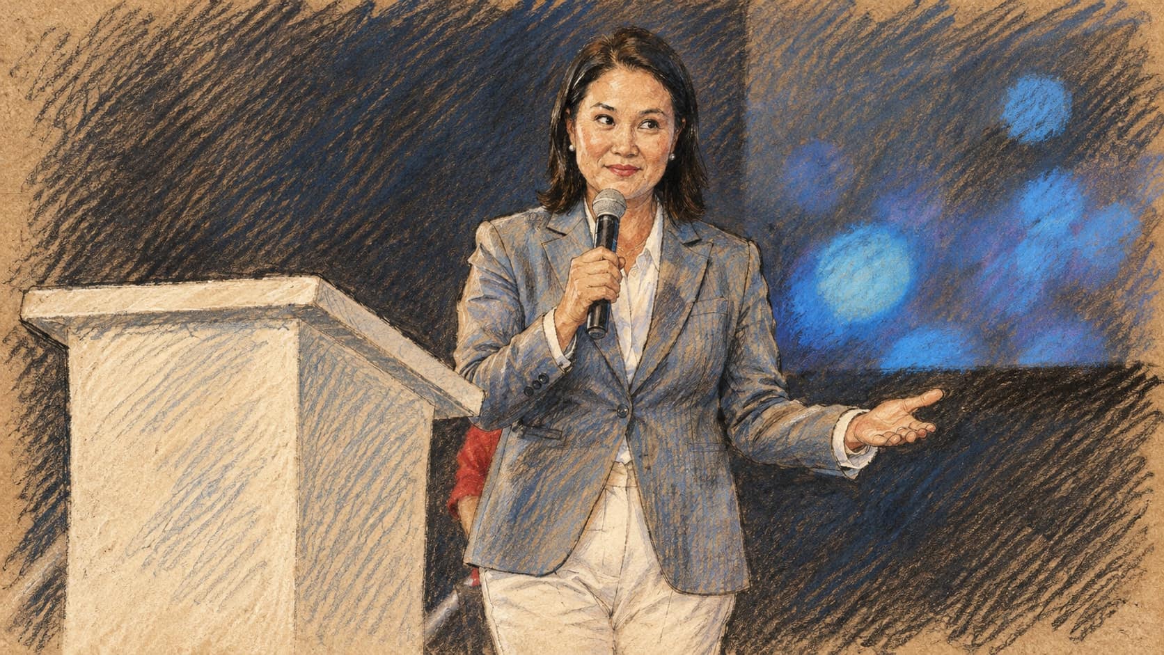 Courtroom-sketch editorial illustration of Keiko Fujimori holding a microphone beside a lectern in an archival October 7 appearance, used as contextual portraiture rather than a depiction of the October 10 Army-headquarters event, rendered in warm ochre and slate-blue pastel strokes.