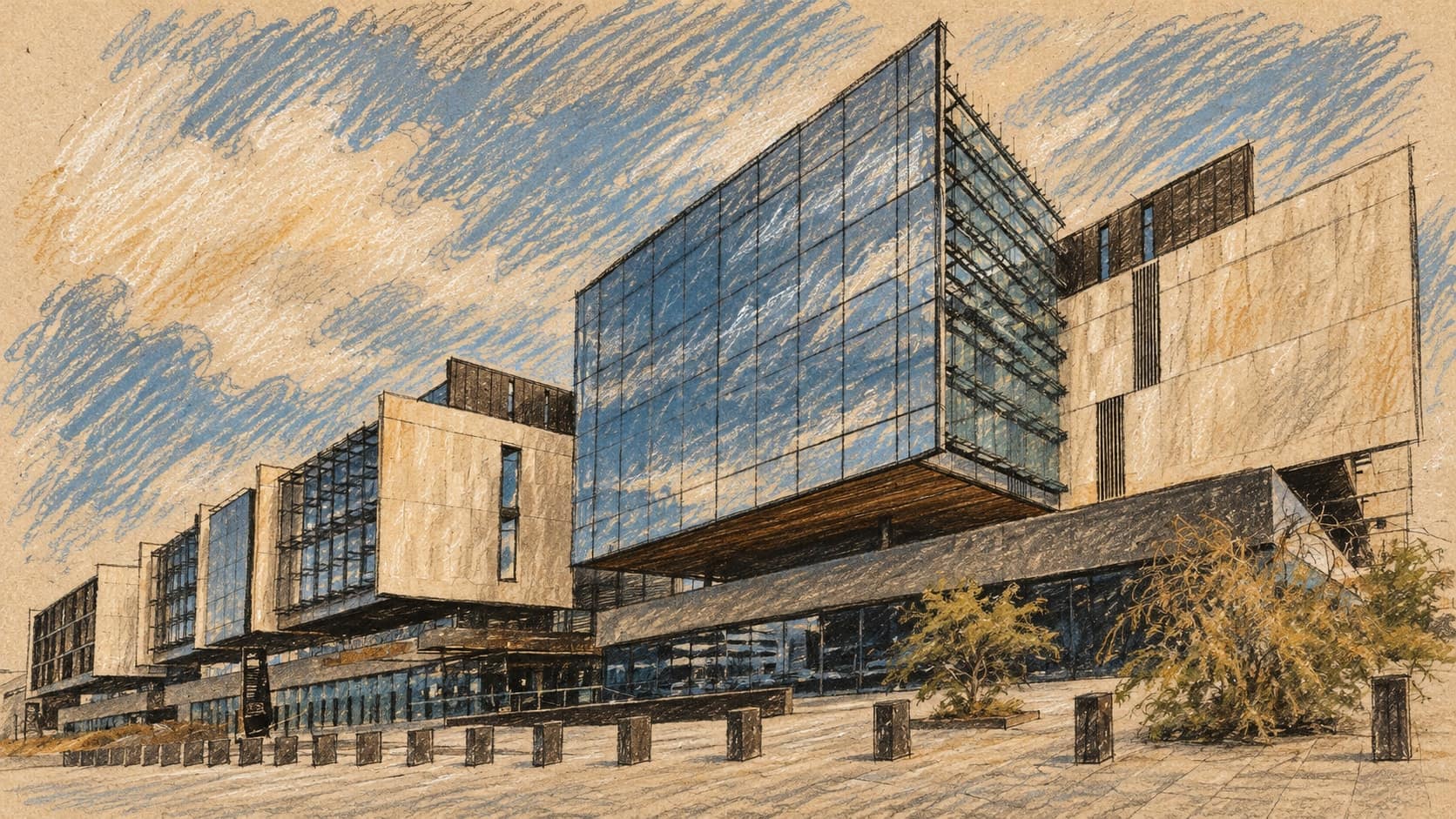 Courtroom-sketch editorial illustration of an archival October 2021 exterior view of Christchurch Justice and Emergency Services Precinct, with its projecting glass facade, pale concrete sections, paved forecourt and bollards; court context, not a depiction of the Phillipstown homicides or the forthcoming hearing, rendered in warm ochre and slate-blue pastel strokes.