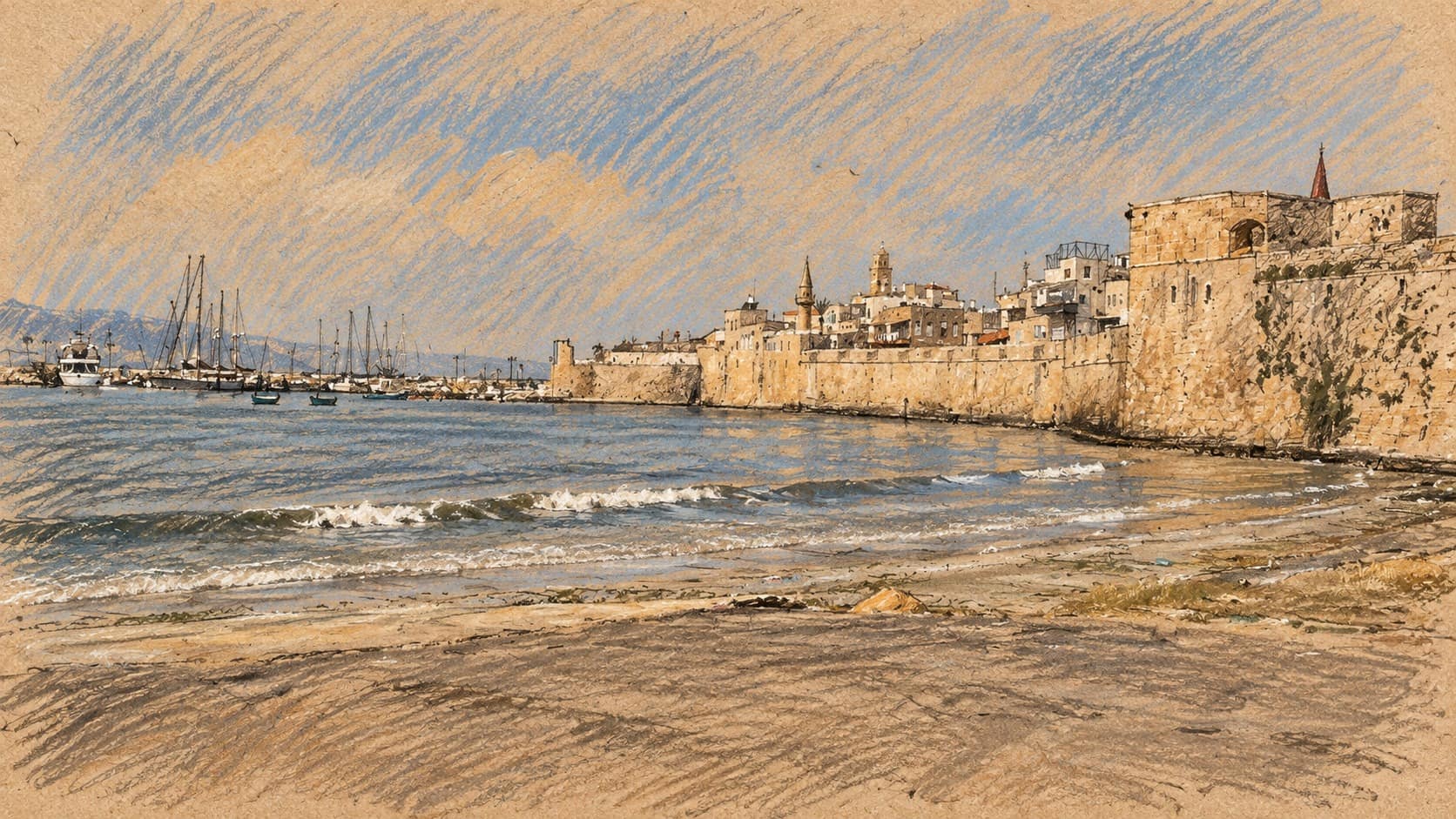 Courtroom-sketch editorial illustration of Acre harbour, historic stone seawalls, distant moored boats and a sandy shoreline, based on an archival 2005 photograph for location context.