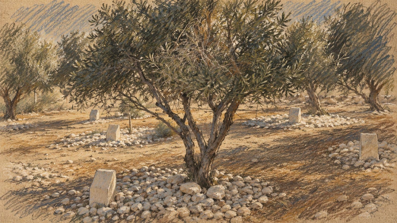 Courtroom-sketch editorial illustration of an archival olive grove with a mature tree and low memorial markers, for agricultural context; not a depiction of current events in Judea and Samaria.