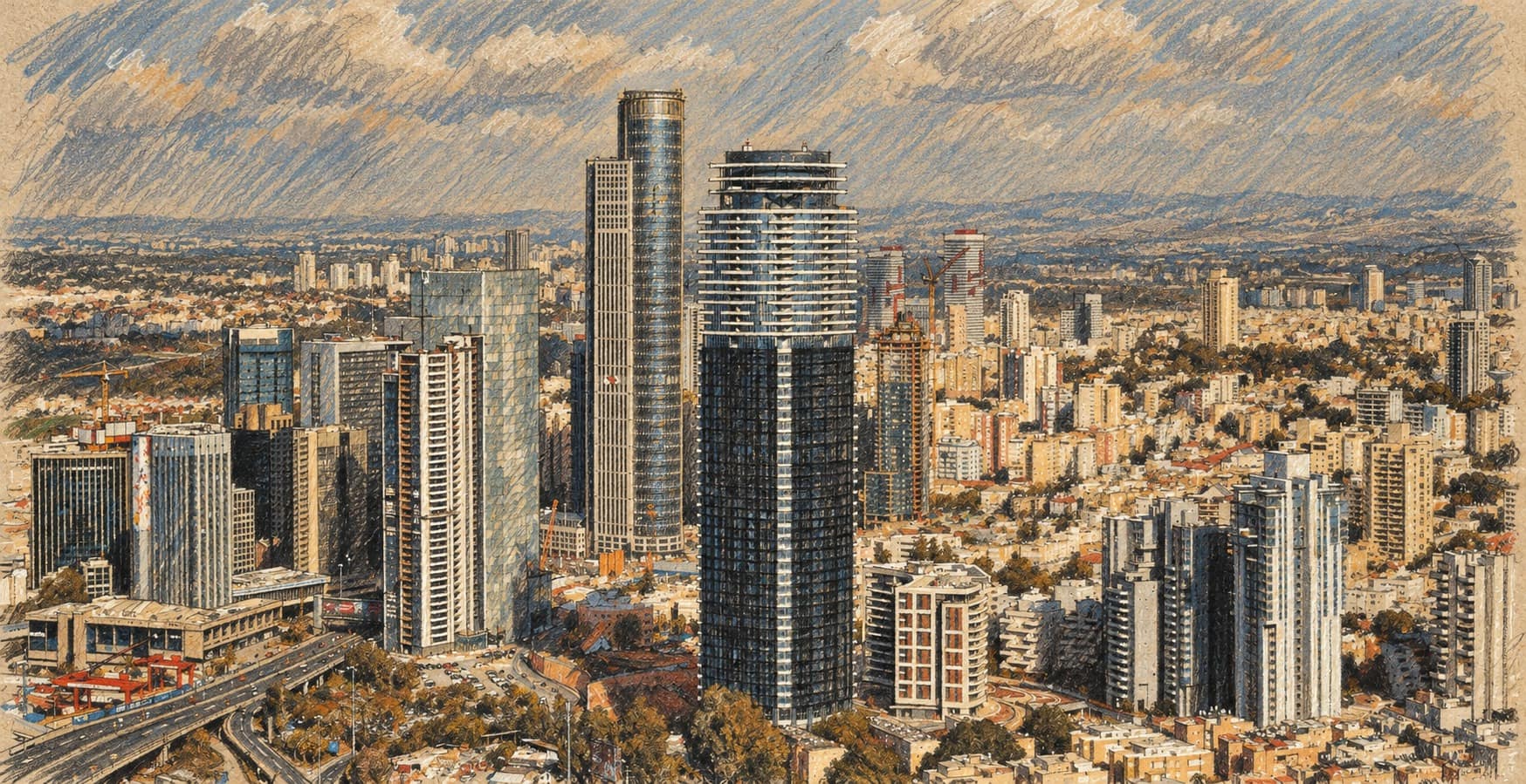 Courtroom-sketch editorial illustration of an archival Tel Aviv skyline with the Ayalon Highway at lower left, used as road context rather than a depiction of the crash near Glilot Interchange.