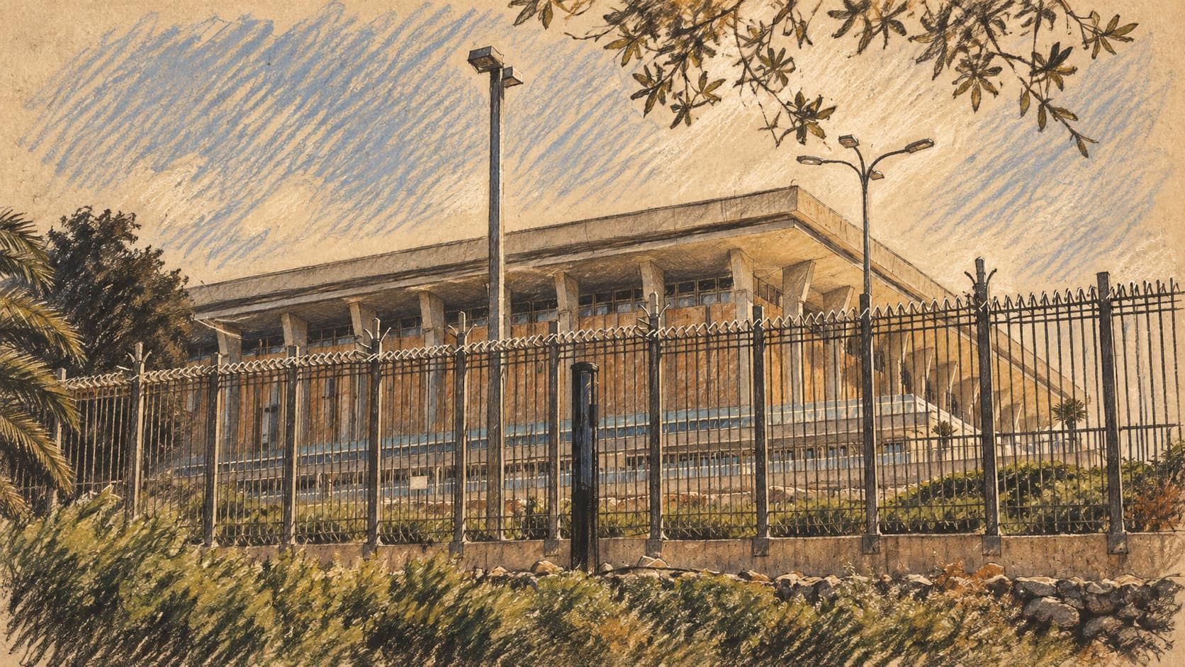 Courtroom-sketch editorial illustration of an archival exterior view of the Knesset in Jerusalem behind a security fence, providing institutional context for Naama Lazimi's statement