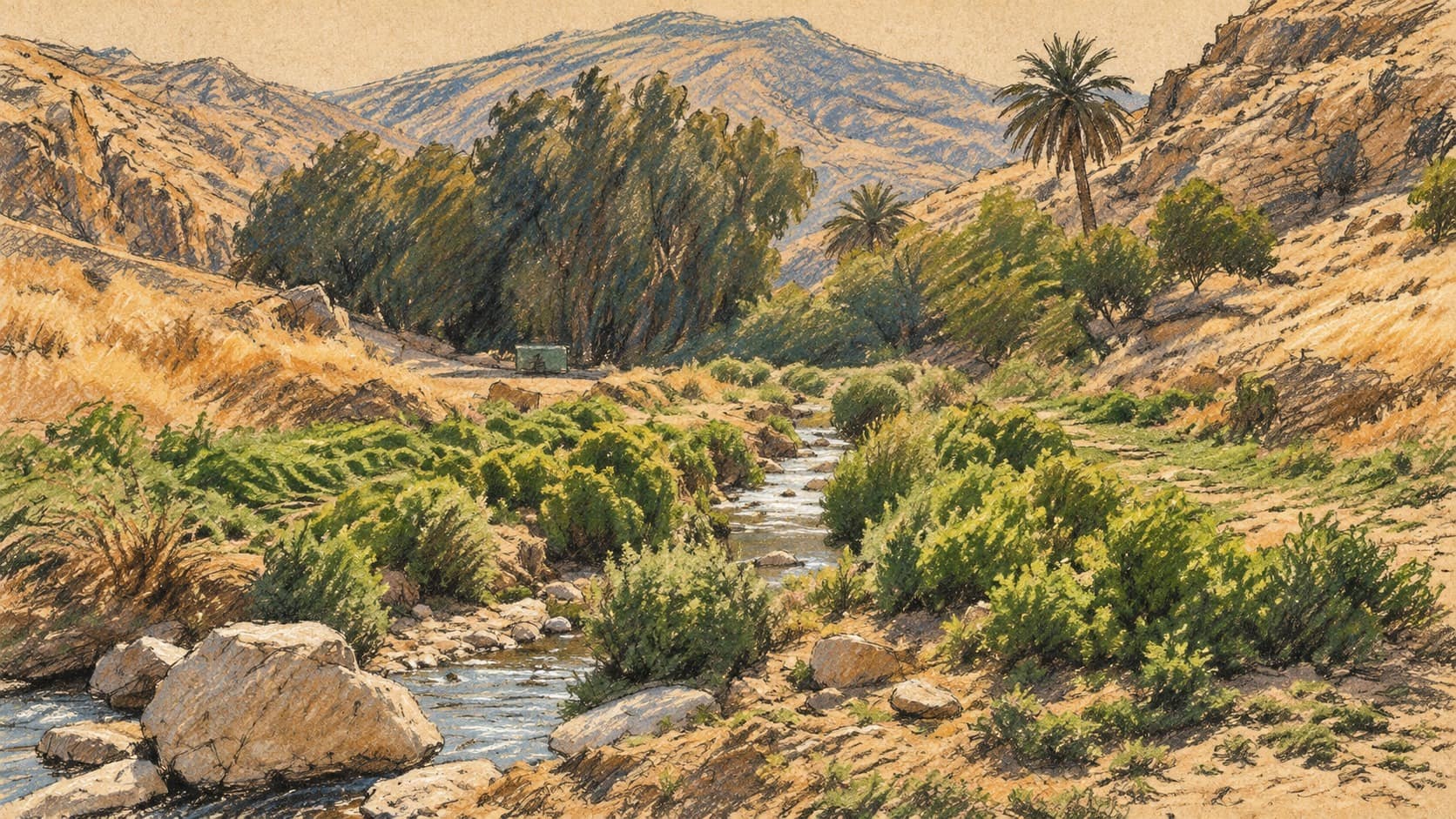Courtroom-sketch editorial illustration of an archival view of Nahal Prat in the Judean Desert, with a calm rocky stream, shrubs and pale hills; contextual landscape rather than a depiction of the forecast flood.
