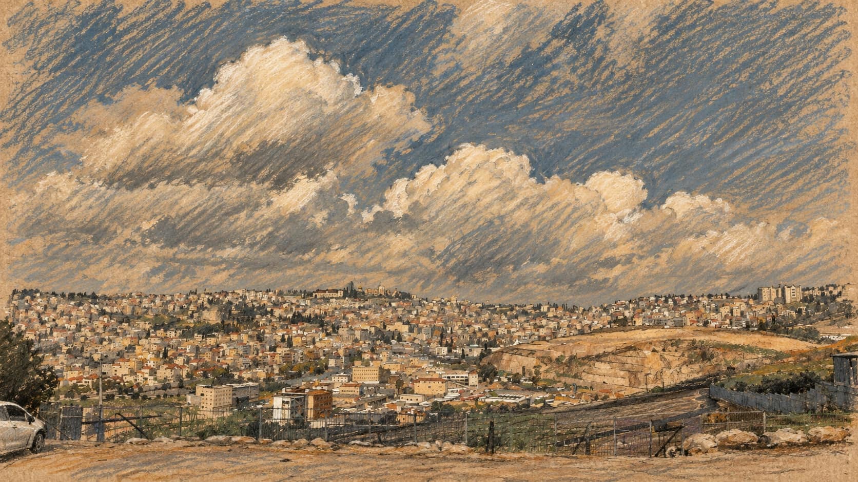 Courtroom-sketch editorial illustration of an archival 2019 panorama of Nazareth beneath a cloudy sky, used as city context.