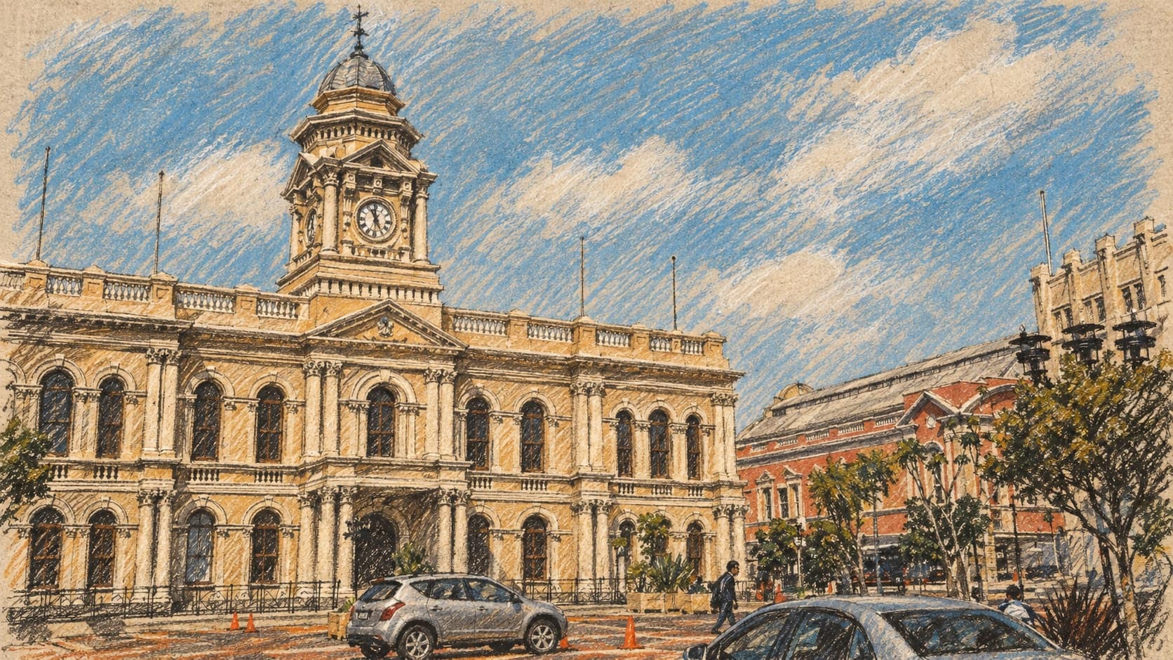 Courtroom-sketch editorial illustration of Port Elizabeth Town Hall and its clock tower, neighboring buildings and foreground street with cars, based on an archival September 2006 photograph; municipal context for Nelson Mandela Bay, not a depiction of the October 2026 survey or any election result, rendered in warm ochre and slate-blue pastel strokes.