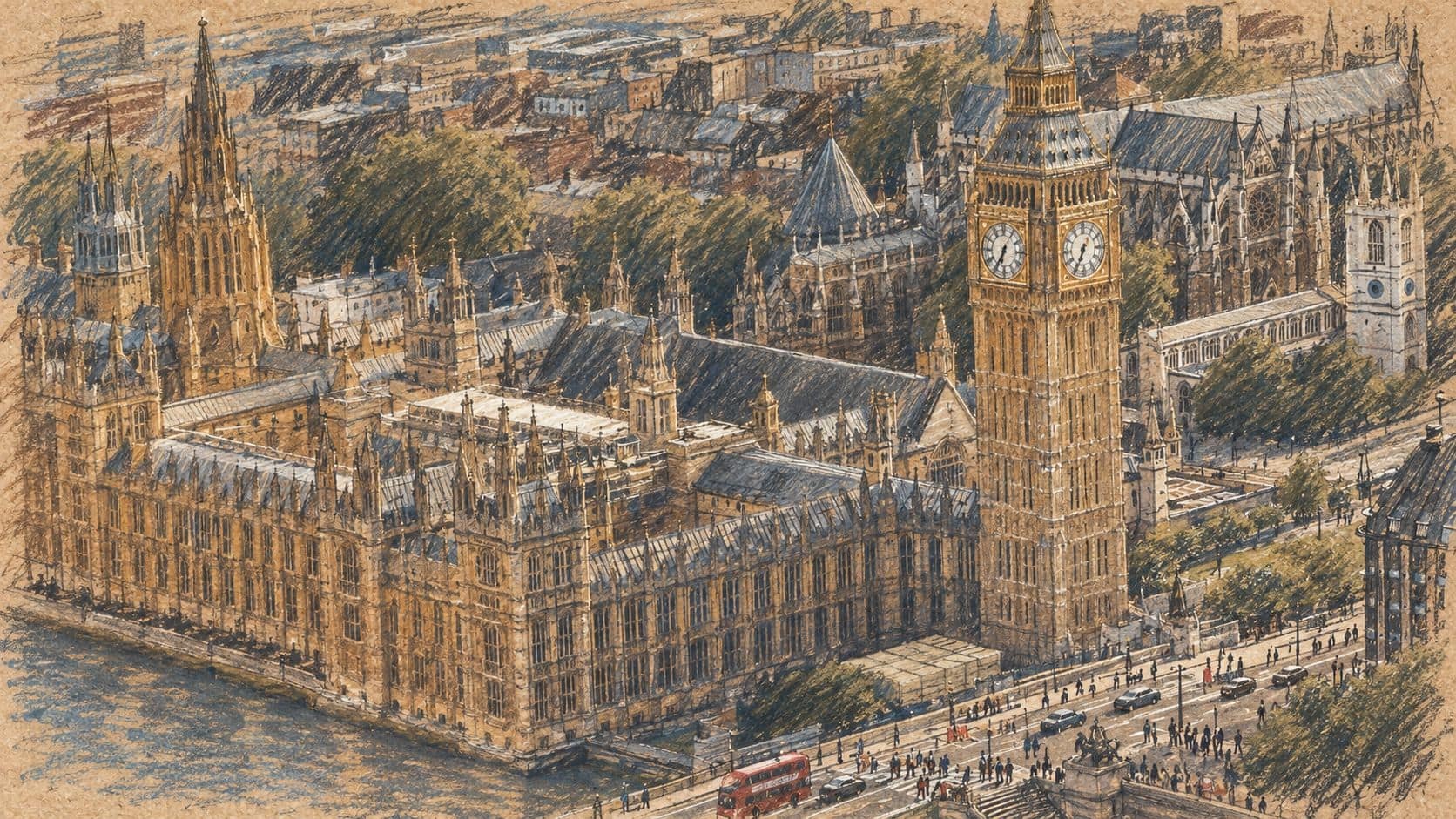 Courtroom-sketch editorial illustration of an archival view of the Palace of Westminster and Big Ben beside the River Thames in central London, providing geographic context for the march route.