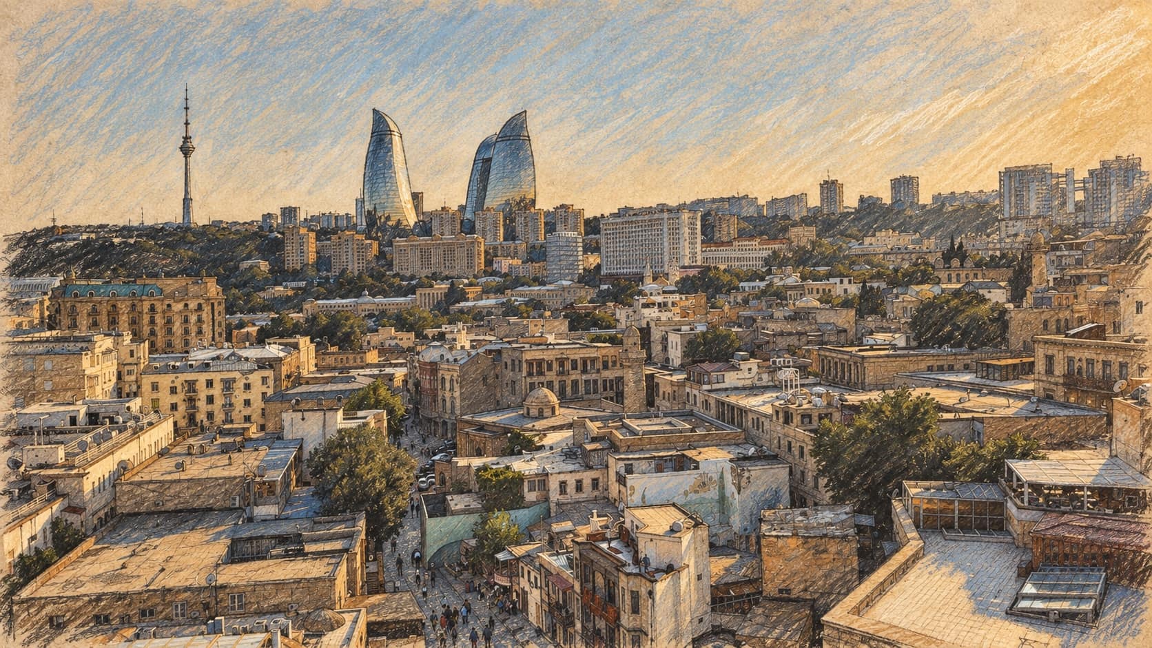 Courtroom-sketch editorial illustration of an archival August 2025 Baku skyline with the Flame Towers and hillside television tower; geographical context for the championships, not a depiction of Raz Hershko or her match.