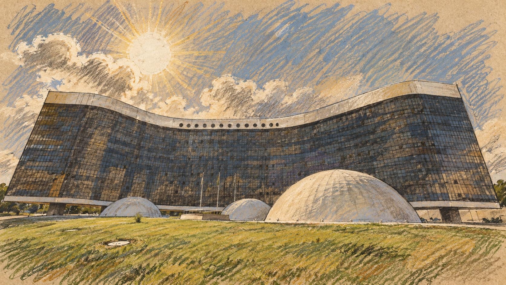 Courtroom-sketch editorial illustration of an archival exterior view of the Superior Electoral Court headquarters in Brasília, with its curved glass facade and white domes, rendered in warm ochre and slate-blue pastel strokes.