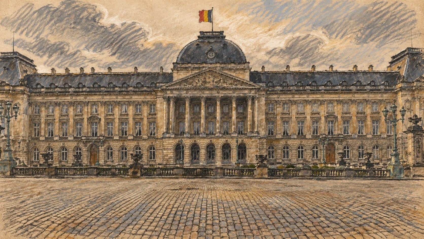 Courtroom-sketch editorial illustration of the Royal Palace of Brussels facade and Belgian flag above an empty cobblestone forecourt, based on an archival 2022 photograph as Belgian diplomatic context rather than a depiction of Saranga’s statement or credentials ceremony.