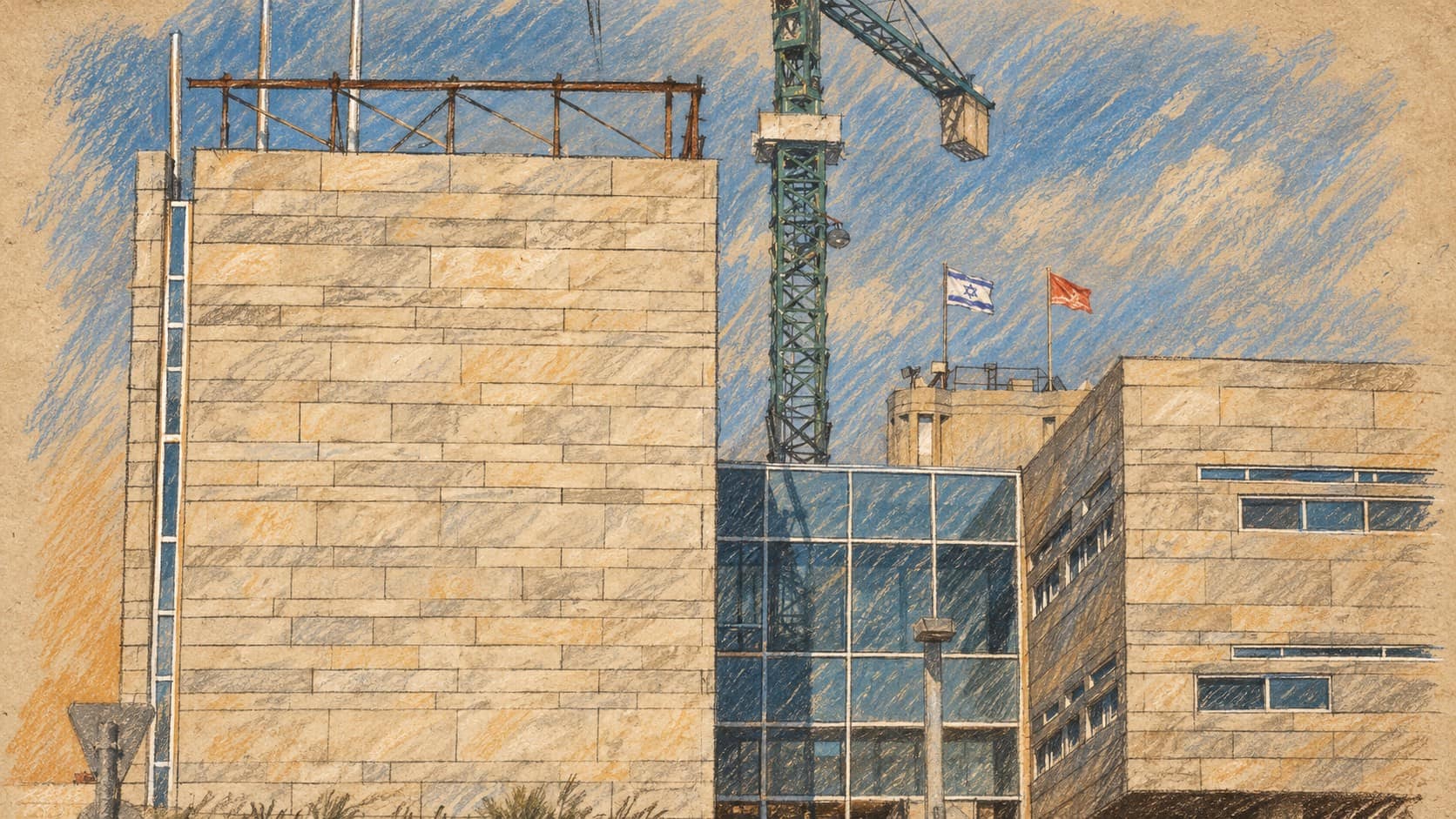 Courtroom-sketch editorial illustration of an archival Ben-Gurion University campus exterior with pale stone facades, a central glass entrance and a construction crane; contextual university scene, not the new AI degree cohorts.