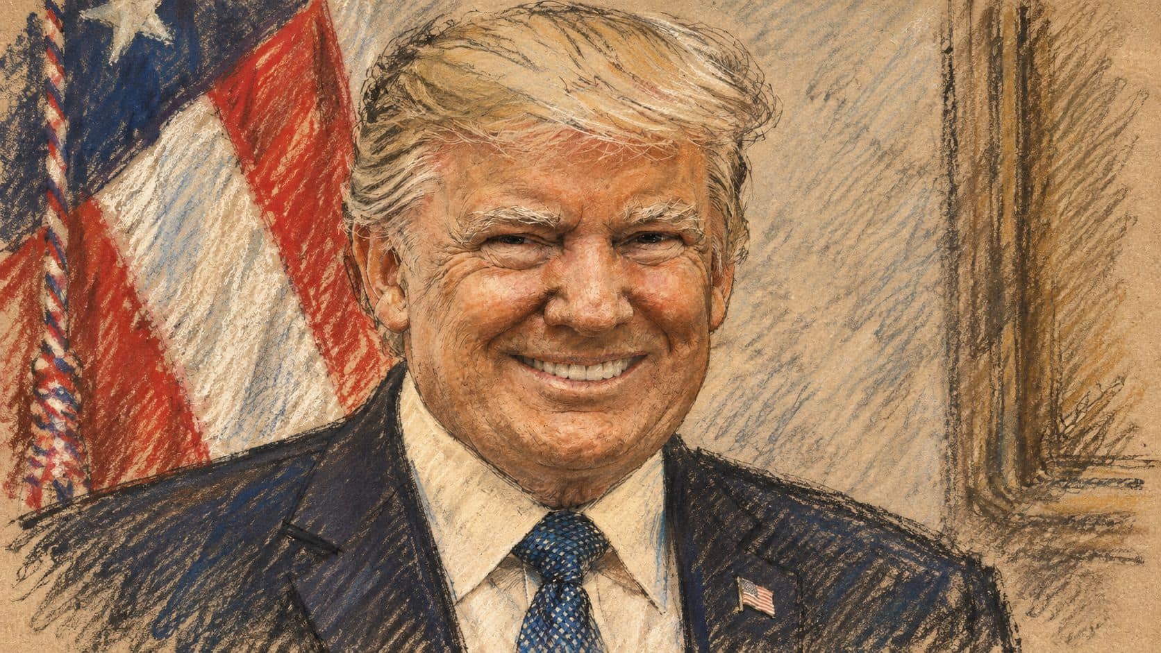 Courtroom-sketch editorial illustration of Donald Trump smiling in his archival 2017 official portrait with an American flag behind him; contextual portrait rather than the Syracuse rally.