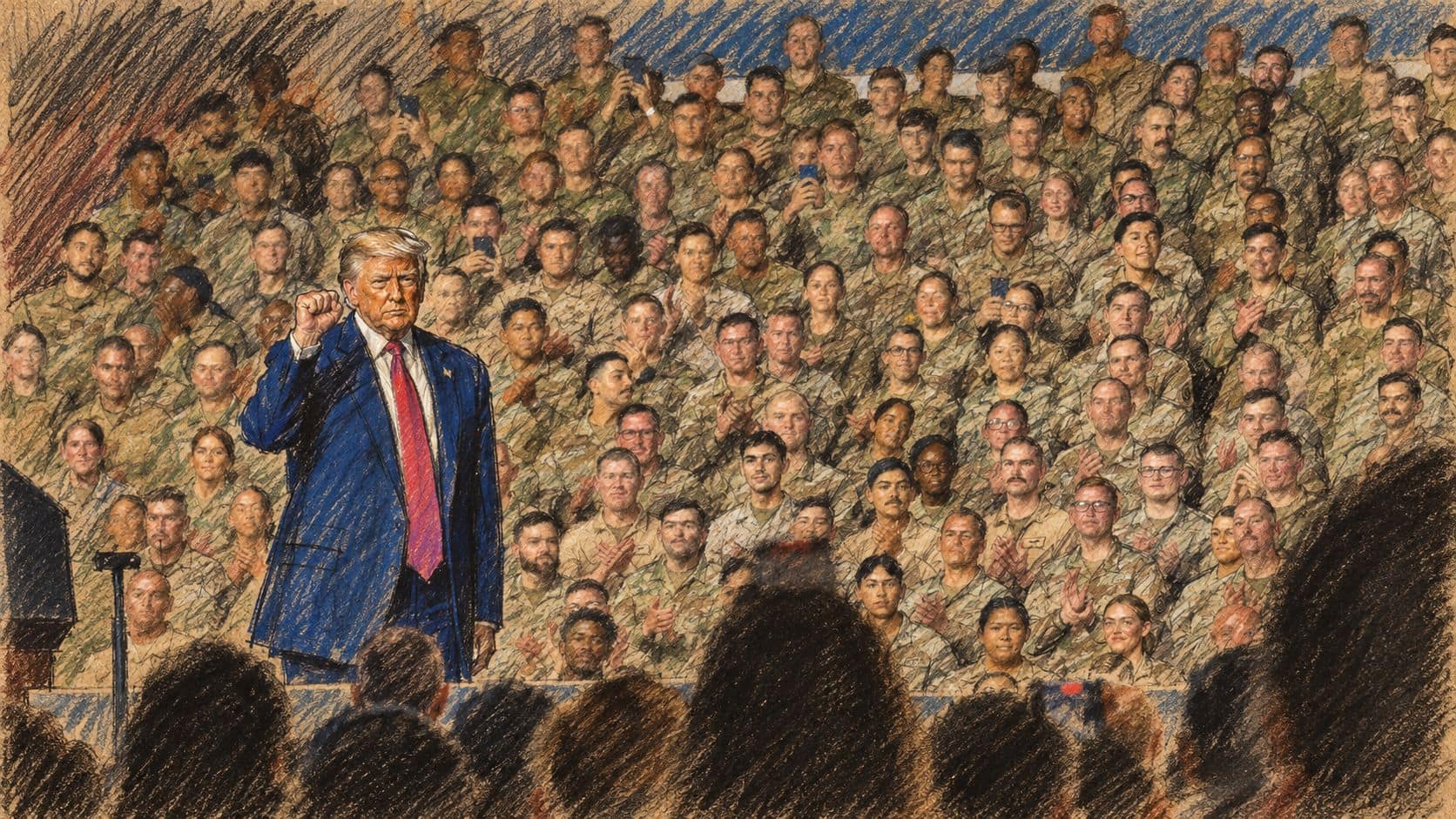 Courtroom-sketch editorial illustration based on an archival May 2025 photograph of Donald Trump raising his fist in front of seated service members at Al Udeid Air Base