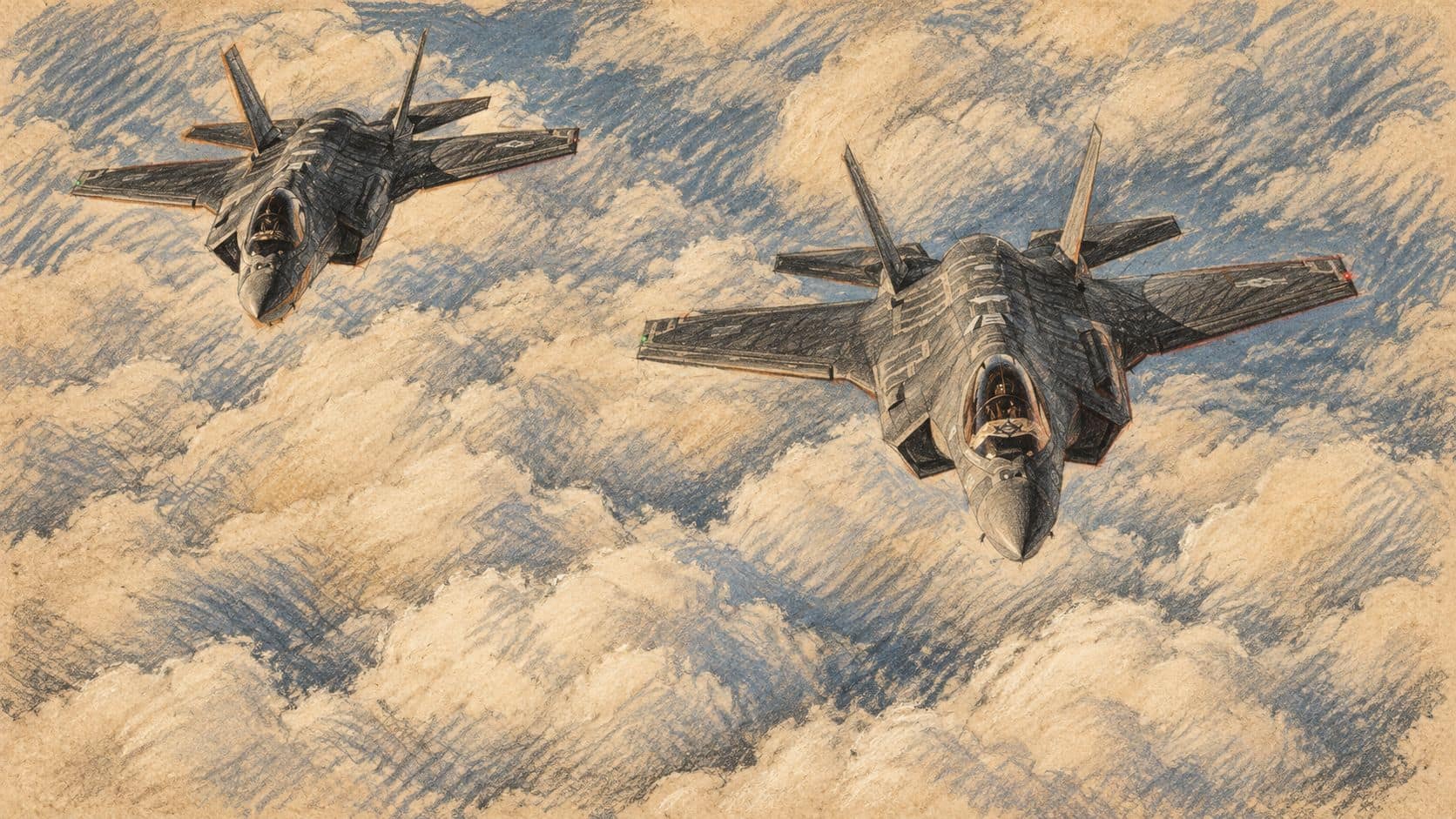 Courtroom-sketch editorial illustration of two Israeli F-35 aircraft flying above clouds in an archival military aviation scene