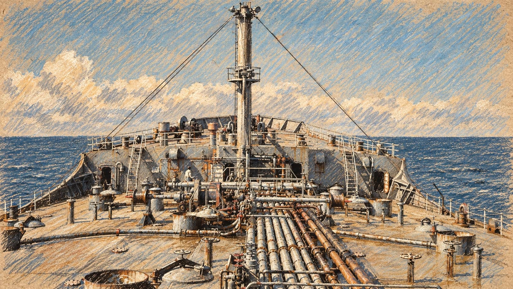 Courtroom-sketch editorial illustration of an archival 1972 oil tanker deck viewed toward the bow, with cargo pipes, valves, railings and a central mast surrounded by open sea; shipping context, not a depiction of the October 2026 Russian diesel authorization or any specific delivery, rendered in warm ochre and slate-blue pastel strokes.