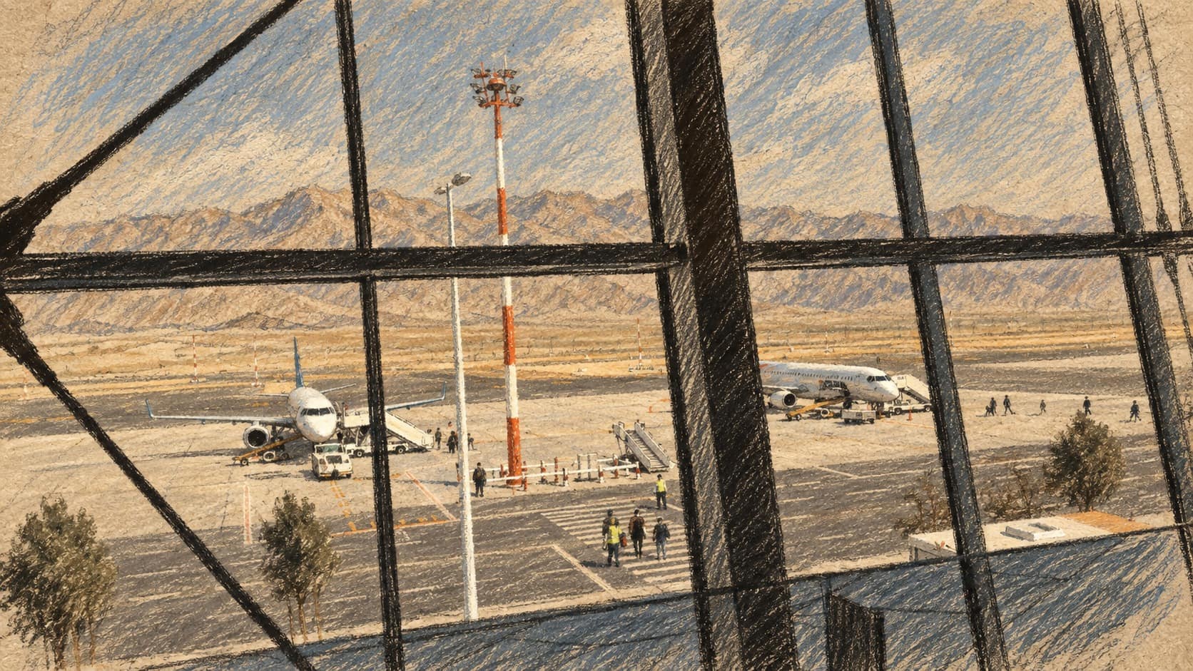 Courtroom-sketch editorial illustration of aircraft on the apron at Ramon Airport viewed through terminal windows