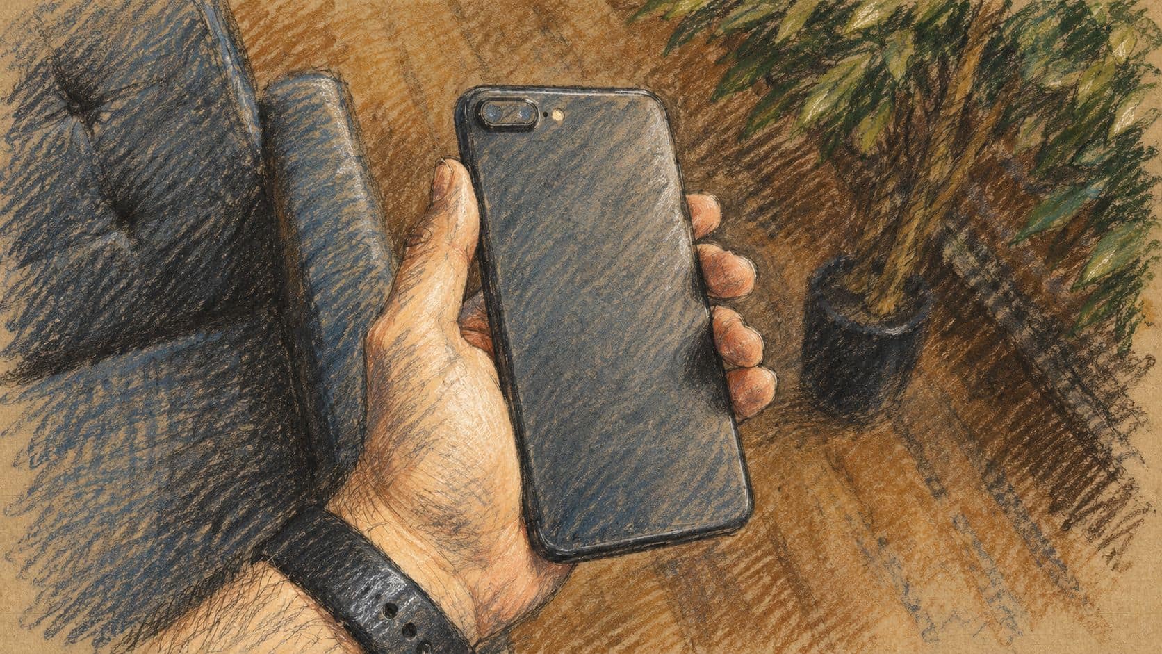 Courtroom-sketch editorial illustration of a hand holding the back of a dark smartphone beside a chair and plant; archival contextual image, not a depiction of Yonatan Urich, the alleged chats, or a hack.