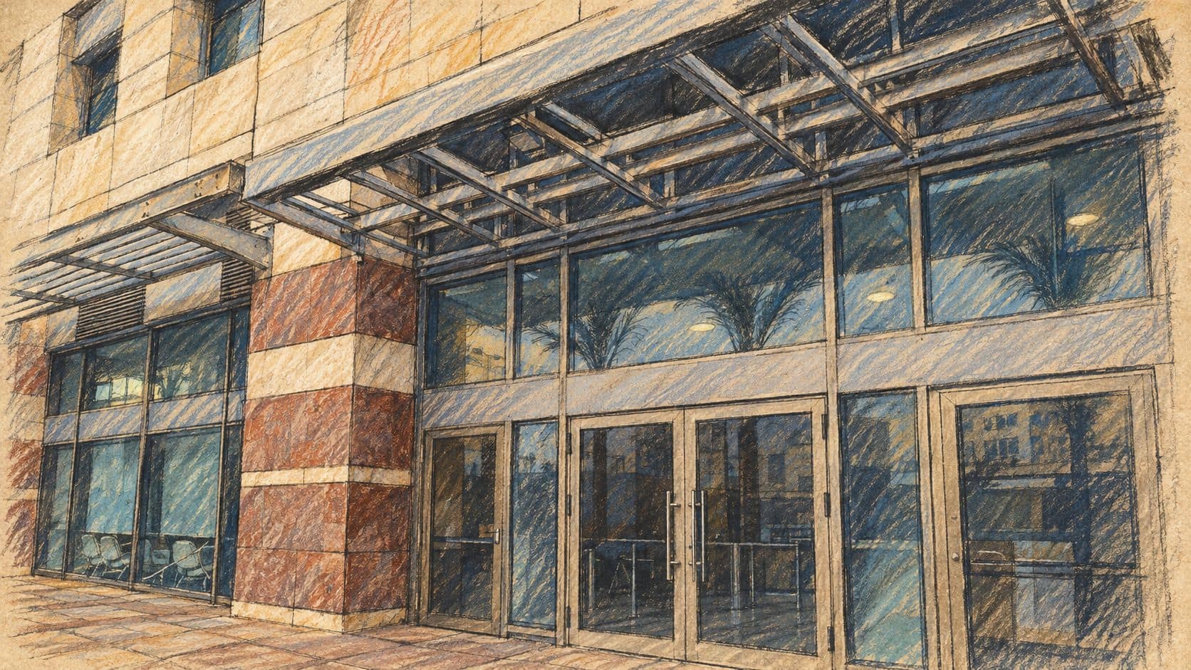 Courtroom-sketch editorial illustration of an empty Ministry of Justice entrance with glass doors, pale stone walls, a striped stone column and a metal canopy.