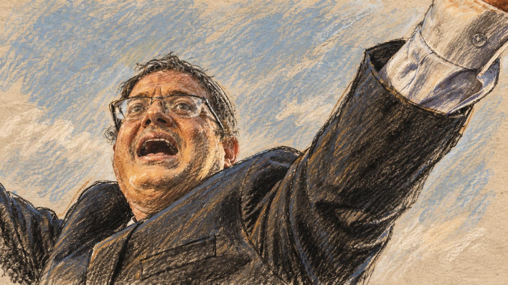 Courtroom-sketch editorial illustration of an archival portrait of Itamar Ben Gvir with glasses and raised arms against the sky