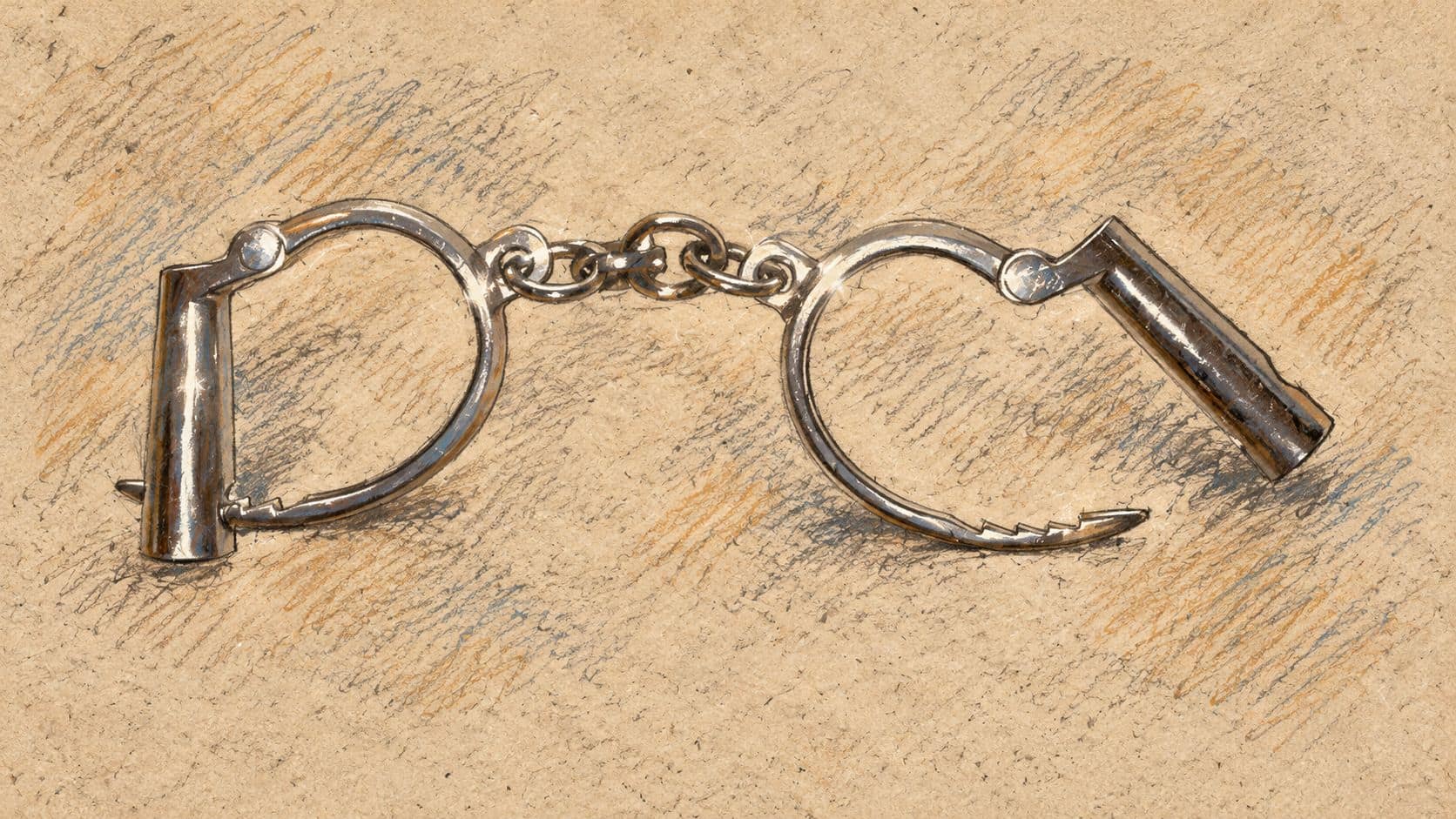 Courtroom-sketch editorial illustration of linked open metal handcuffs on pale ground, based on a 2022 archival photograph as arrest-related context; it does not depict the reported raid or its participants.