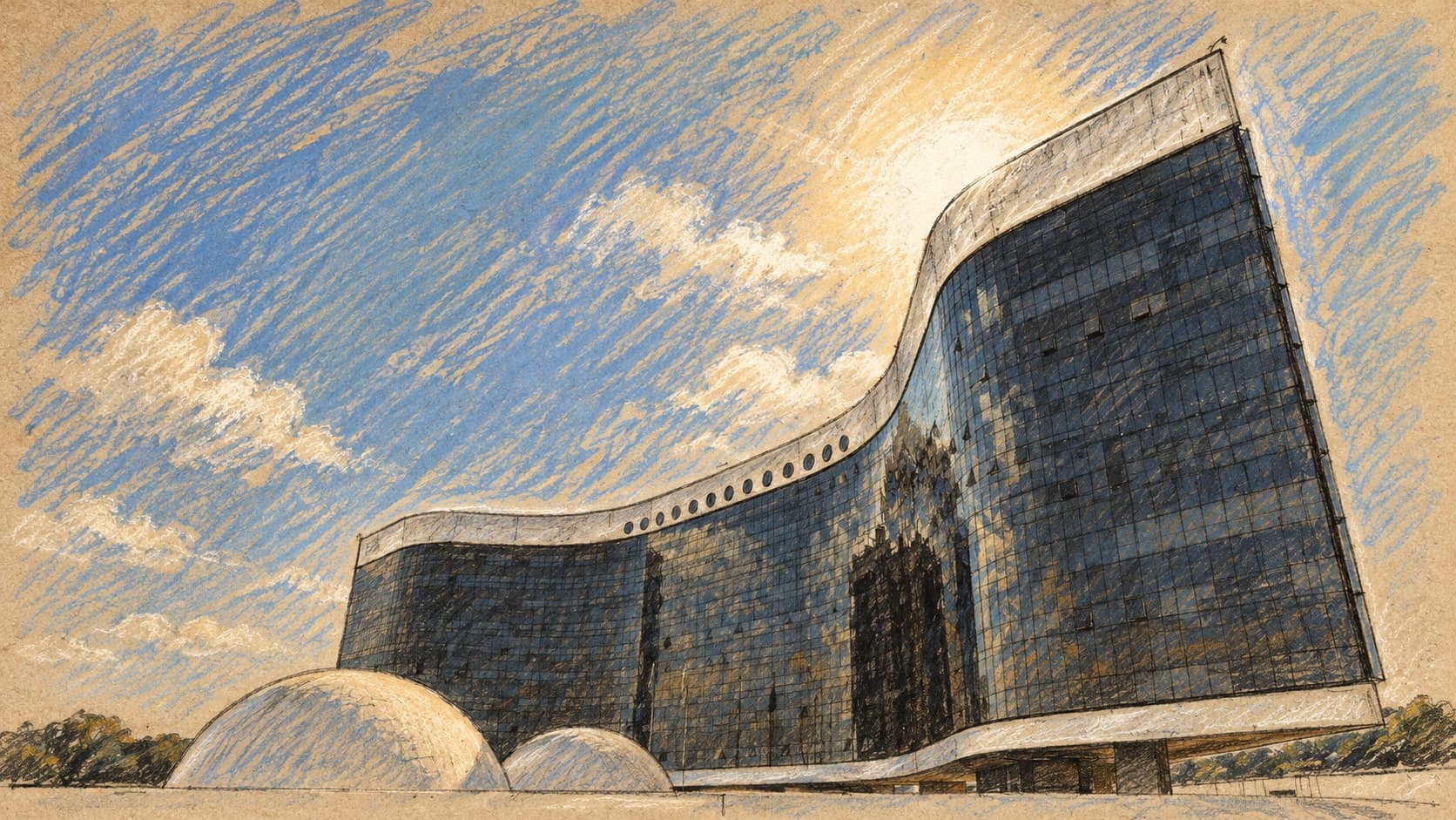 Courtroom-sketch editorial illustration of an archival exterior view of Brazil’s Superior Electoral Court headquarters, with curved dark-glass walls and white foreground domes, rendered in warm ochre and slate-blue pastel strokes.
