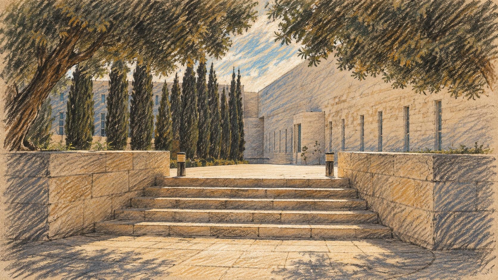 Courtroom-sketch editorial illustration of an archival exterior view of the Israeli Supreme Court in Jerusalem, with stone steps and mature trees; institutional context for the inquiry debate