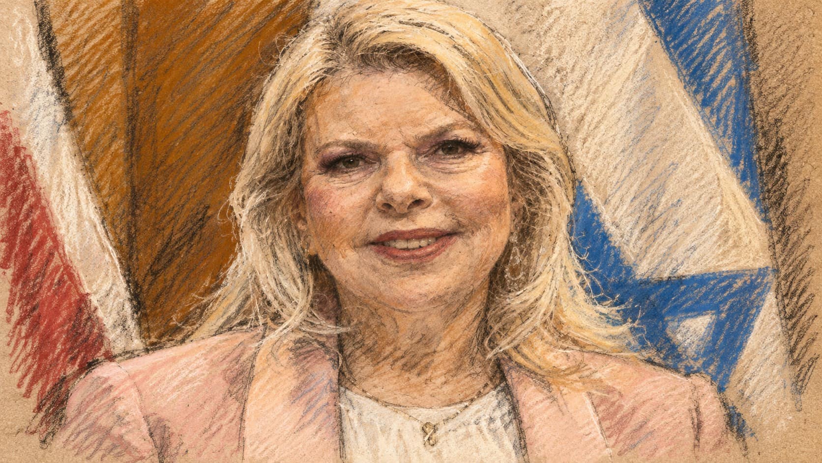 Courtroom-sketch editorial illustration of Sara Netanyahu in an archival July 2025 portrait, wearing a pale pink jacket with partial national flags behind her