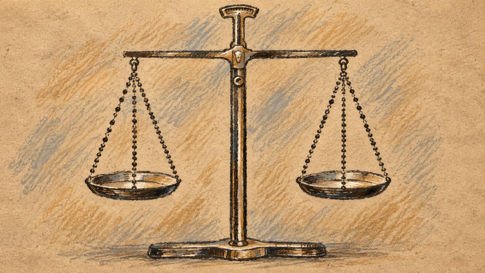 Courtroom-sketch editorial illustration of archival balanced scales with two empty hanging pans on a plain newsprint background, rendered in warm ochre and slate-blue pastel strokes; symbolic legal context, not a depiction of the New Zealand case, its participants or courthouse.