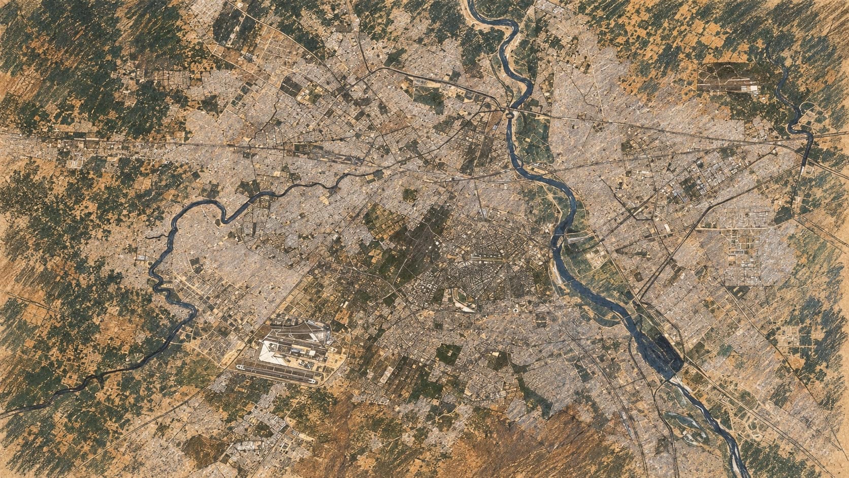 Courtroom-sketch editorial illustration of an archival March 2011 overhead satellite view of Delhi, with dense city blocks, open land, the Yamuna River at right and airport runways at lower left; location context, not a depiction of the court hearing, release or any party leader, rendered in warm ochre and slate-blue pastel strokes.