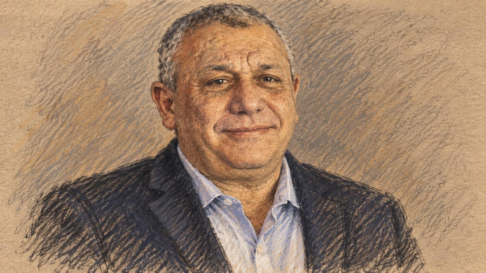 Courtroom-sketch editorial illustration of Gadi Eisenkot in a civilian blazer and open-collar shirt, based on an archival February 2024 portrait