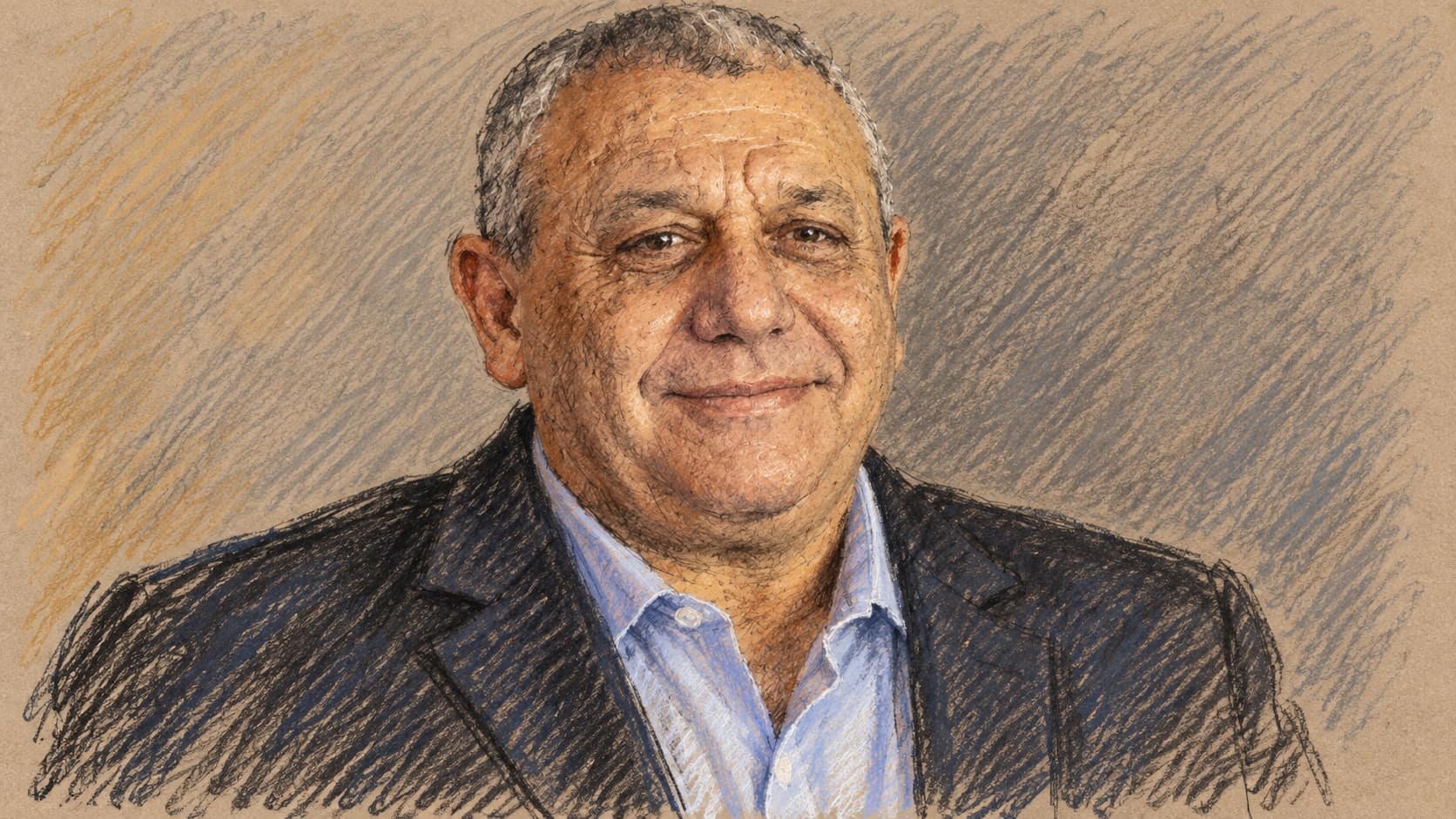 Courtroom-sketch editorial illustration of Gadi Eisenkot in a civilian blazer and light blue open-collar shirt, based on an archival February 2024 portrait