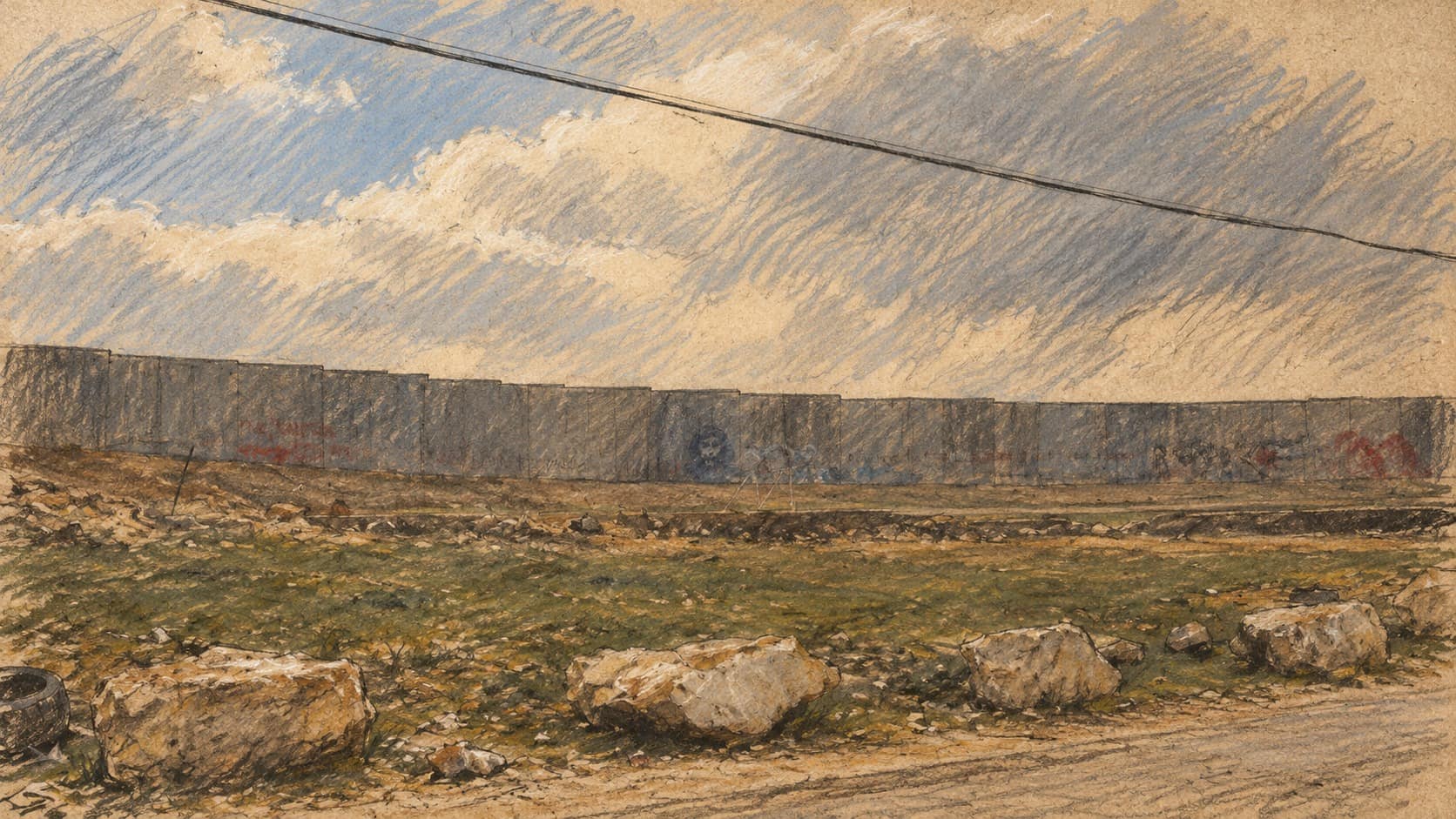Courtroom-sketch editorial illustration of an archival view of the security barrier near Al-Quds University with a rocky foreground; contextual image, not Eisenkot’s current tour