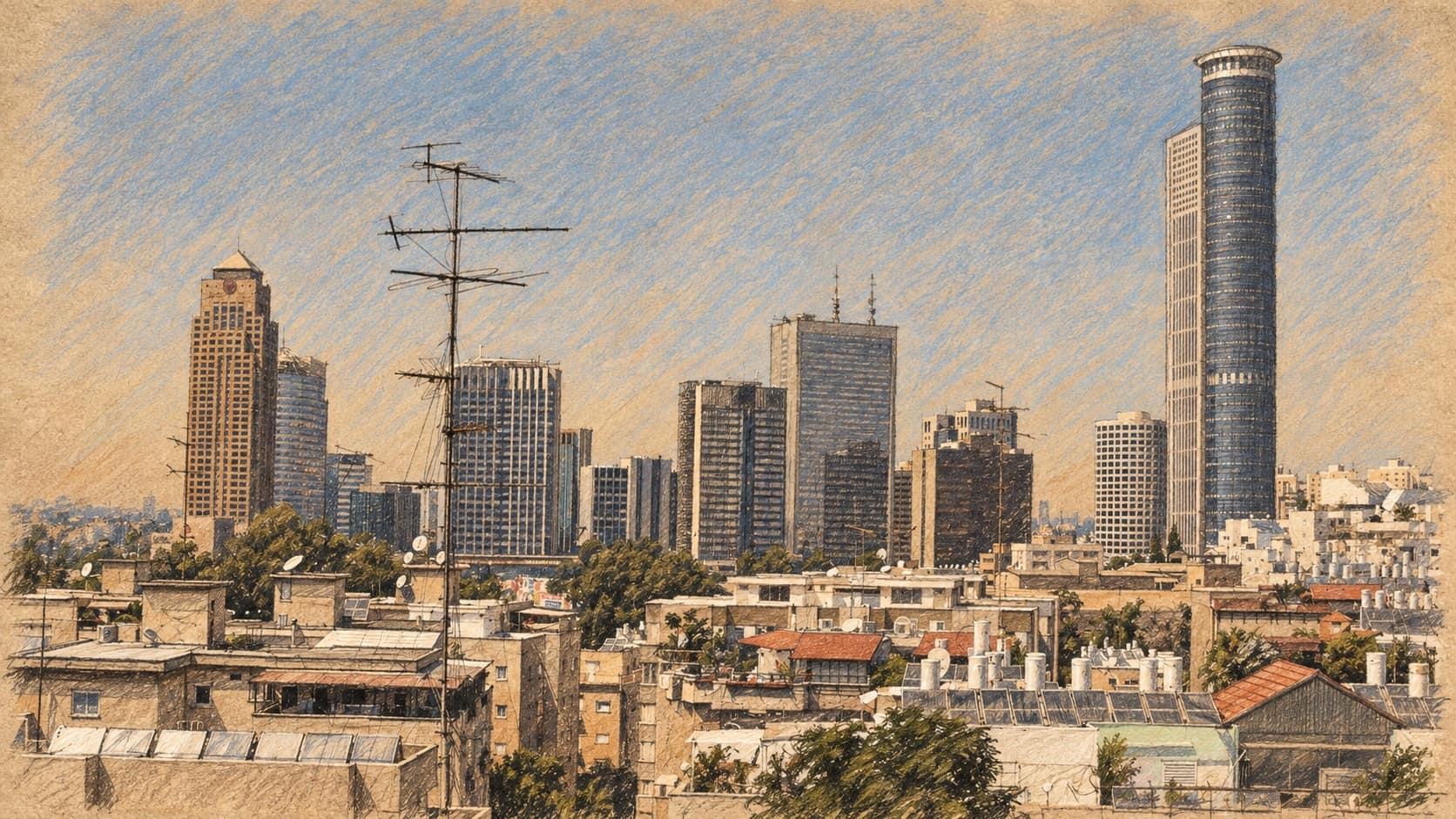 Courtroom-sketch editorial illustration of an archival Tel Aviv skyline above low rooftops and trees, used as geographic real-estate context