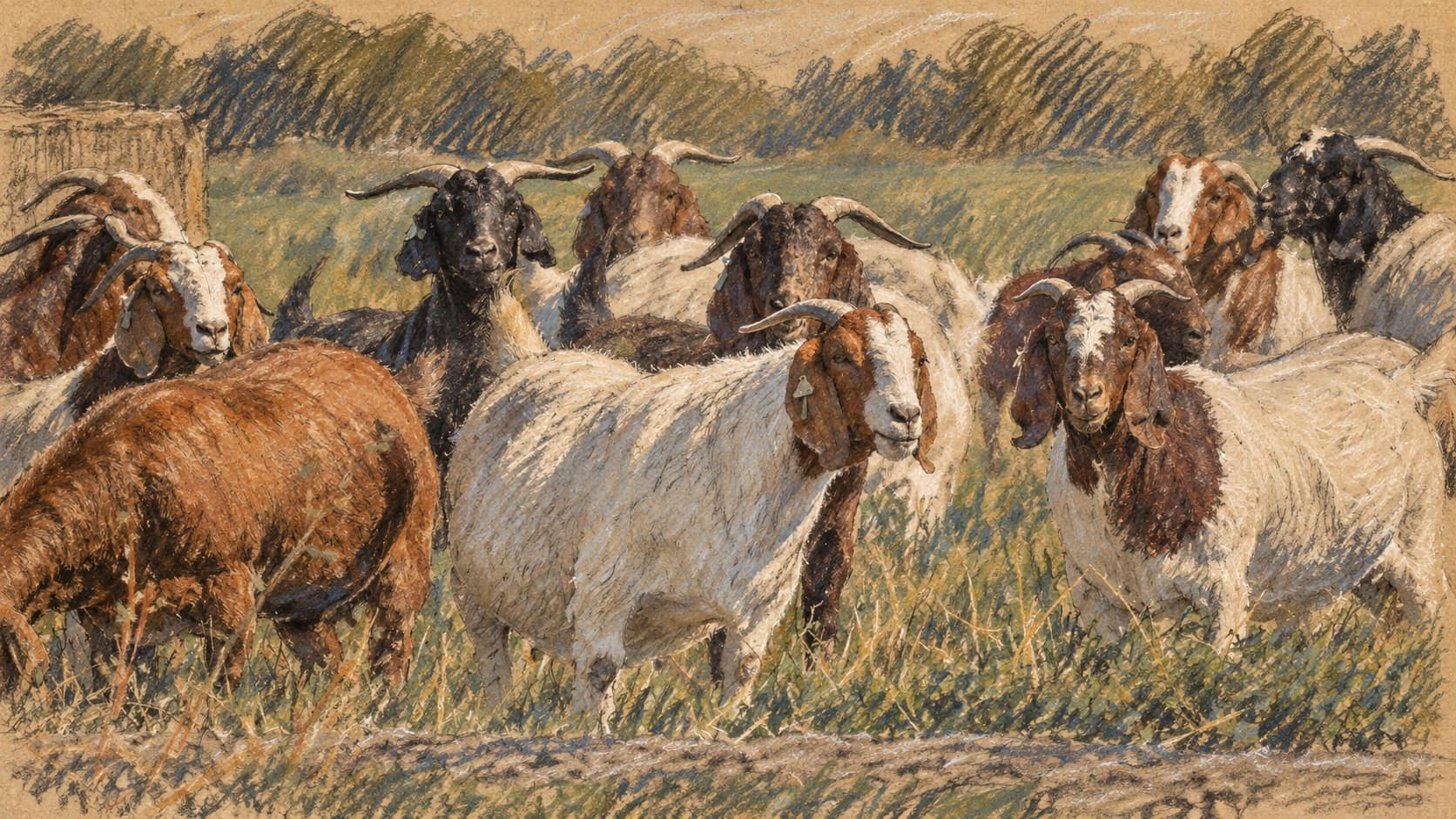 Courtroom-sketch editorial illustration of goats grazing in a pasture; archival contextual scene, not the reported poisoning incident