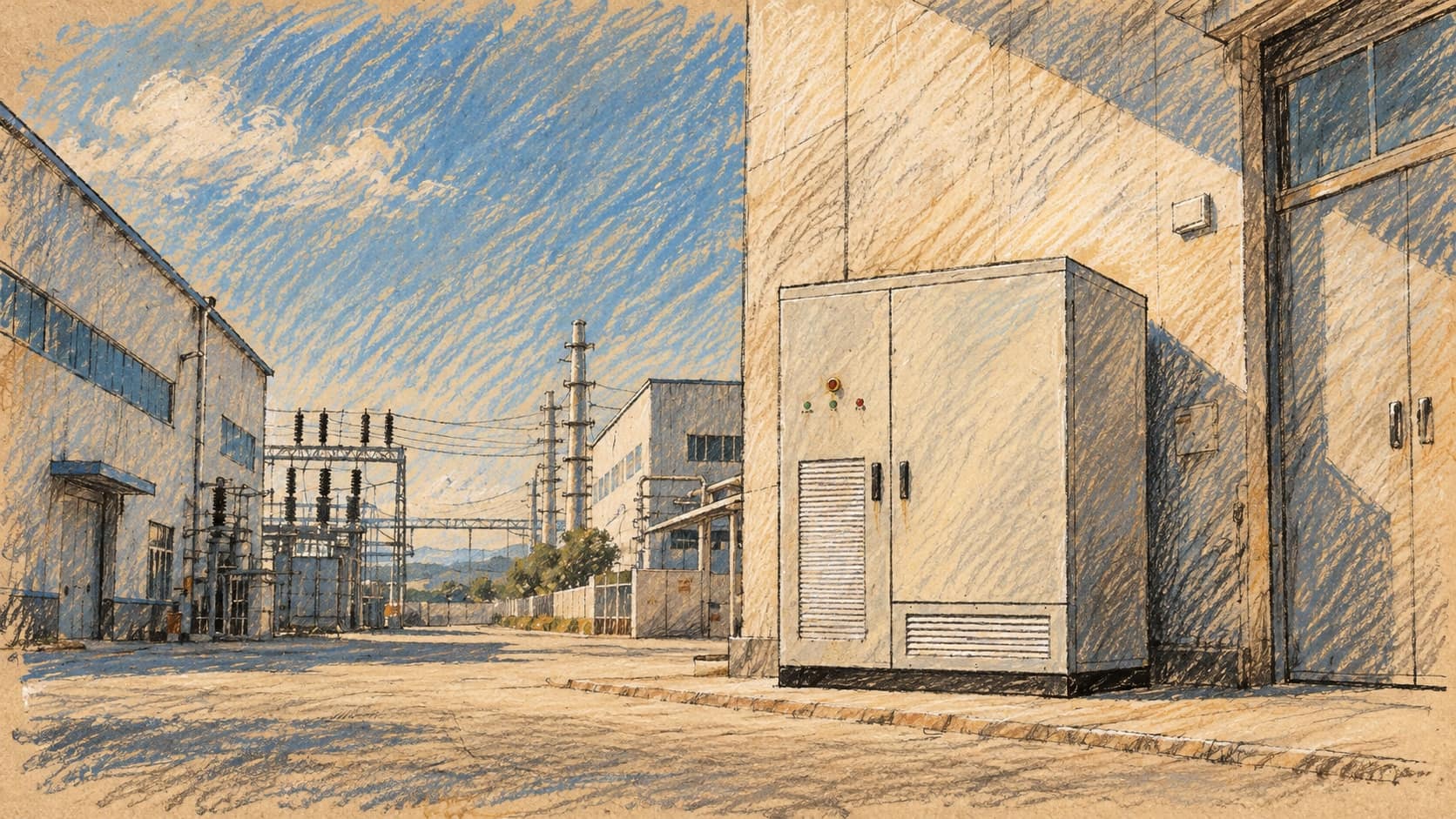Courtroom-sketch editorial illustration of a commercial battery-storage cabinet beside an industrial building, using contextual August 2025 equipment imagery