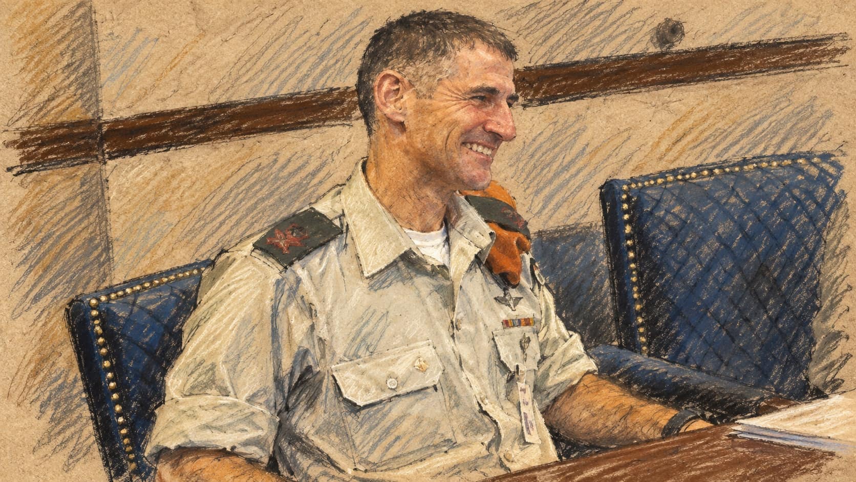 Courtroom-sketch editorial illustration of Yair Golan seated beside blue conference-room chairs, based on an archival 2009 portrait