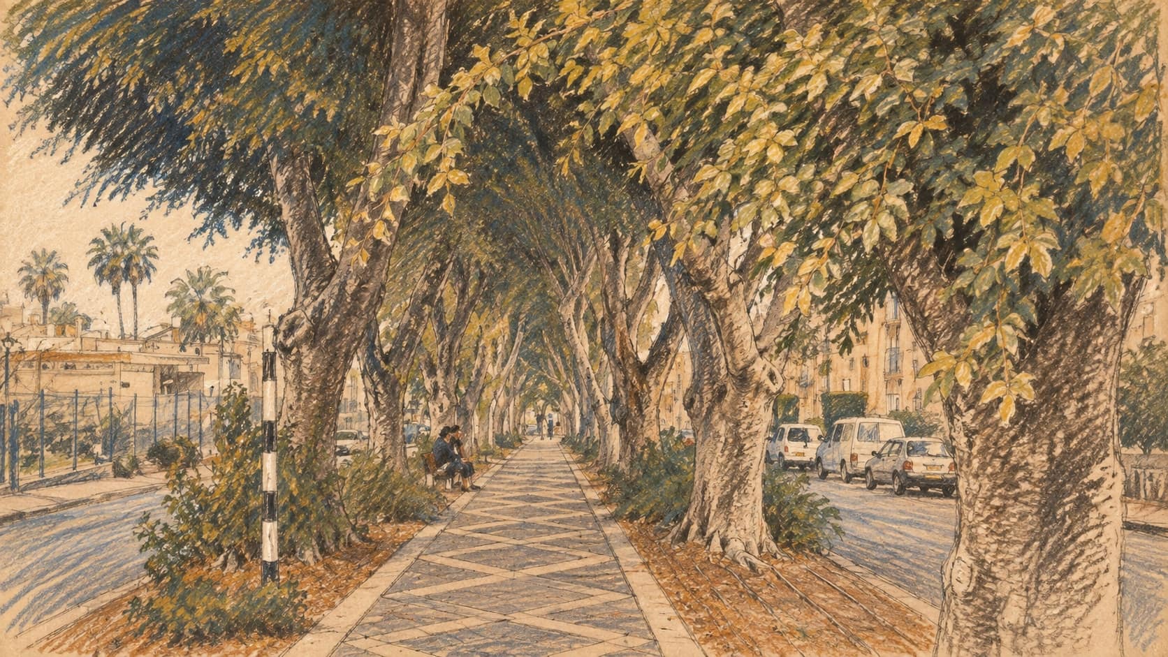 Courtroom-sketch editorial illustration of an archival tree-lined boulevard walkway in Kiryat Ata, with roads, vehicles and buildings